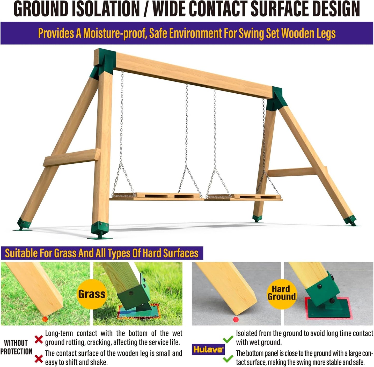 Hulave 201 Stainless Steel Swing Set Anchor Leveling Kit, Swing Set Leveling Base Bracket, Fits 4 x 4 (Actual Size 3.5" x 3.5") Wood Legs, Avoids Moisture to Protect Wooden Legs (4pack - Green)
