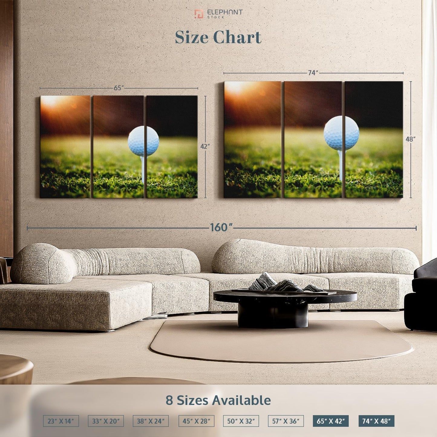 ElephantStock Golf Ball Tee Wall Art - Horizontal Canvas - 3-Piece Living Room Wall Decor - Photography Photographic Canvas Print - Black and White Decor for Wall - 65" X 42"