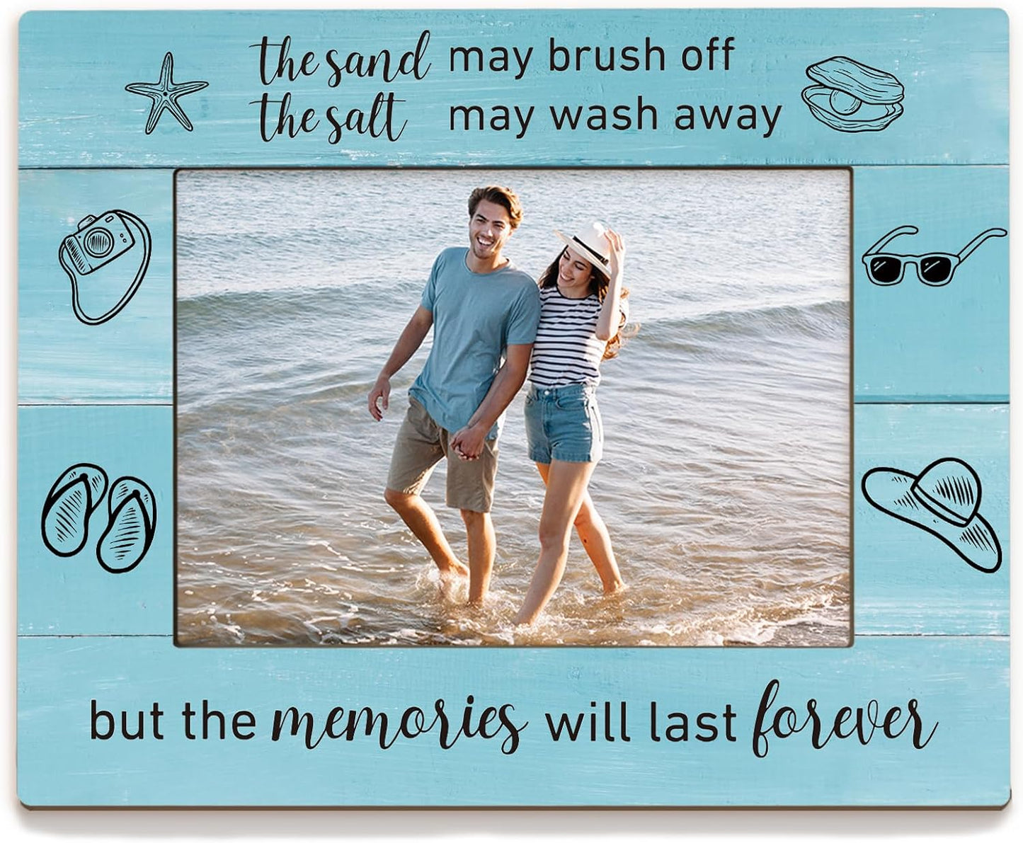 Beach Picture Frame 5x7, Coastal Photo Frame, Beach Vocation Gifts for BeachLovers Women, The Memories will Last Forever Nautical Holiday Wooden Picture Photo Frames for Desk Home Room Decor