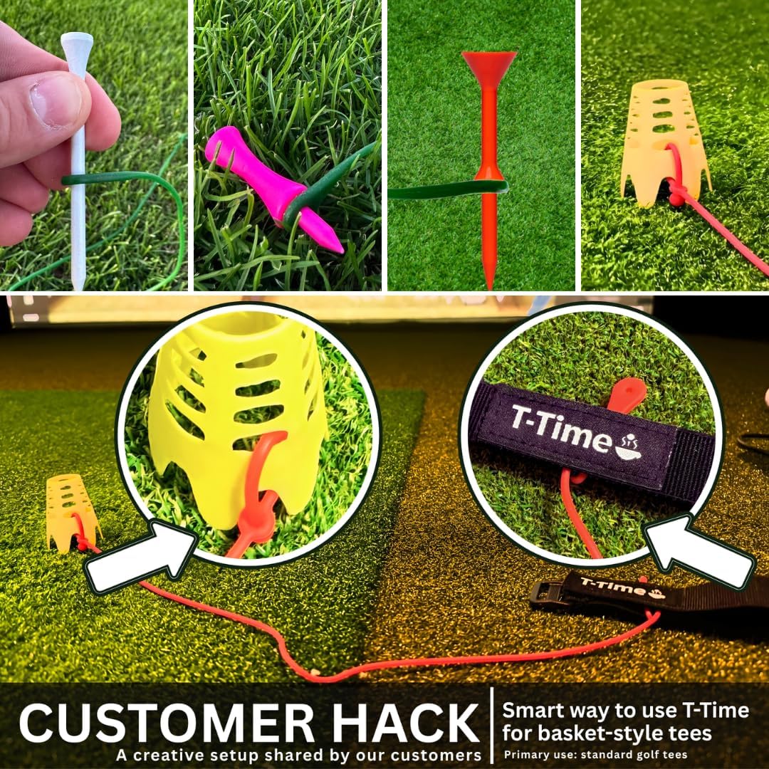 T-Time® Golf Tee Anchor Leash for Driving Range & Simulator Practice, New 2025 Improved Design, Indoor/Outdoor Use.