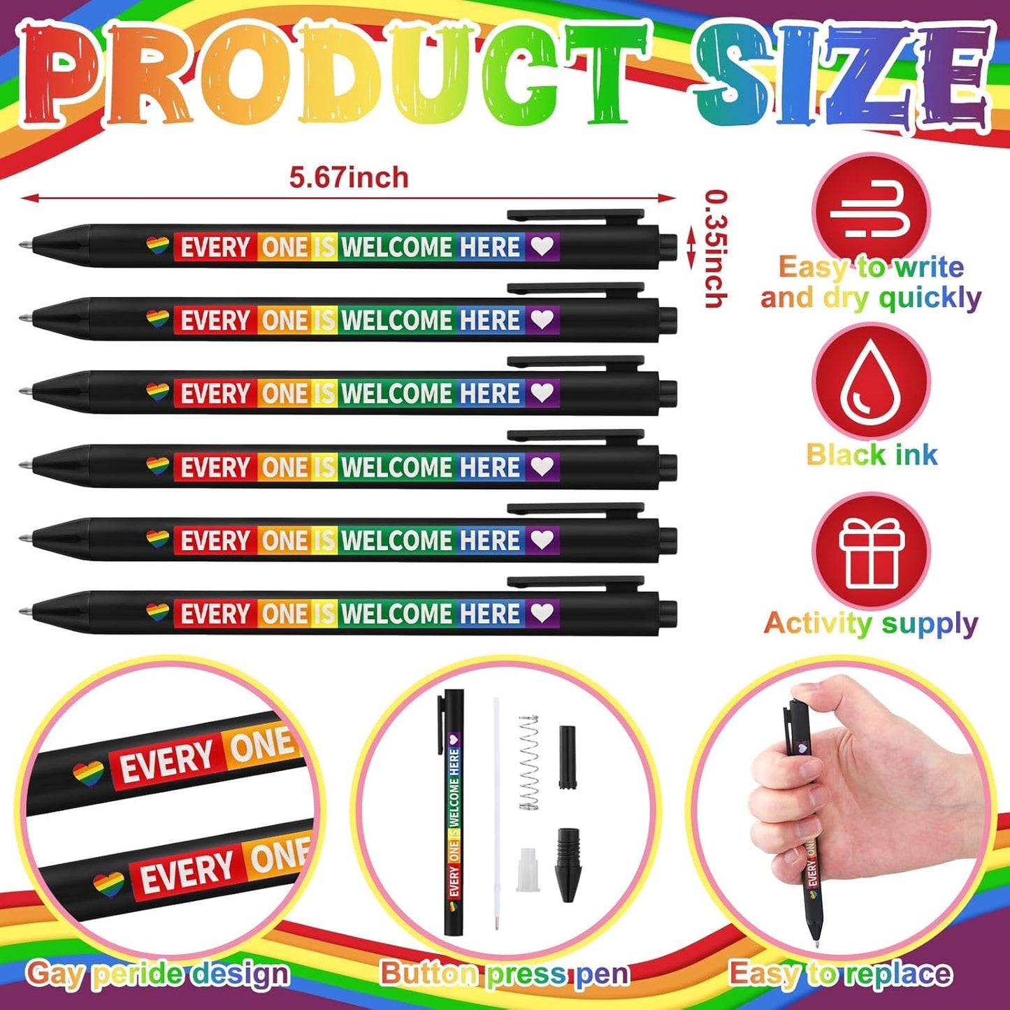 48 Pcs Pride Ballpoint Pen Month Lgbtq Rainbow Party Favors Black Ink Retractable Ballpoint Pens for Gay Lesbian Gifts Gay Party Supplies Favors Accessories in Bulk