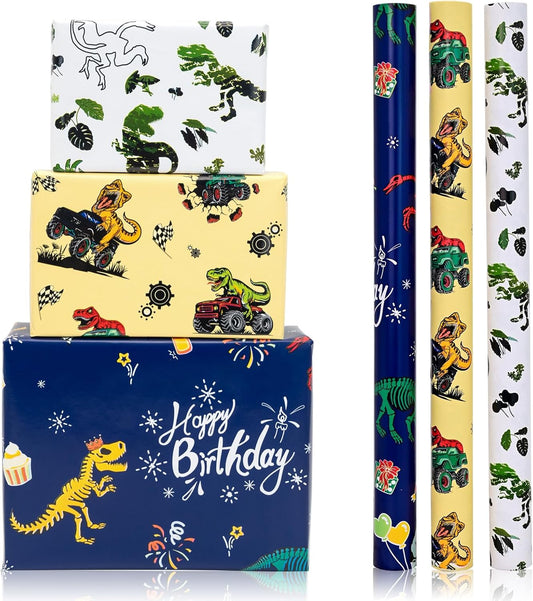 Vnaaem Dinosaur Wrapping Paper Rolls with Cutlines on Reverse - 3 Rolls Birthday Gift Wrap for Kids Boys Girls Dinosaur Party Birthday Gift Wrapping Holiday(17 Inches X 120 Inches)