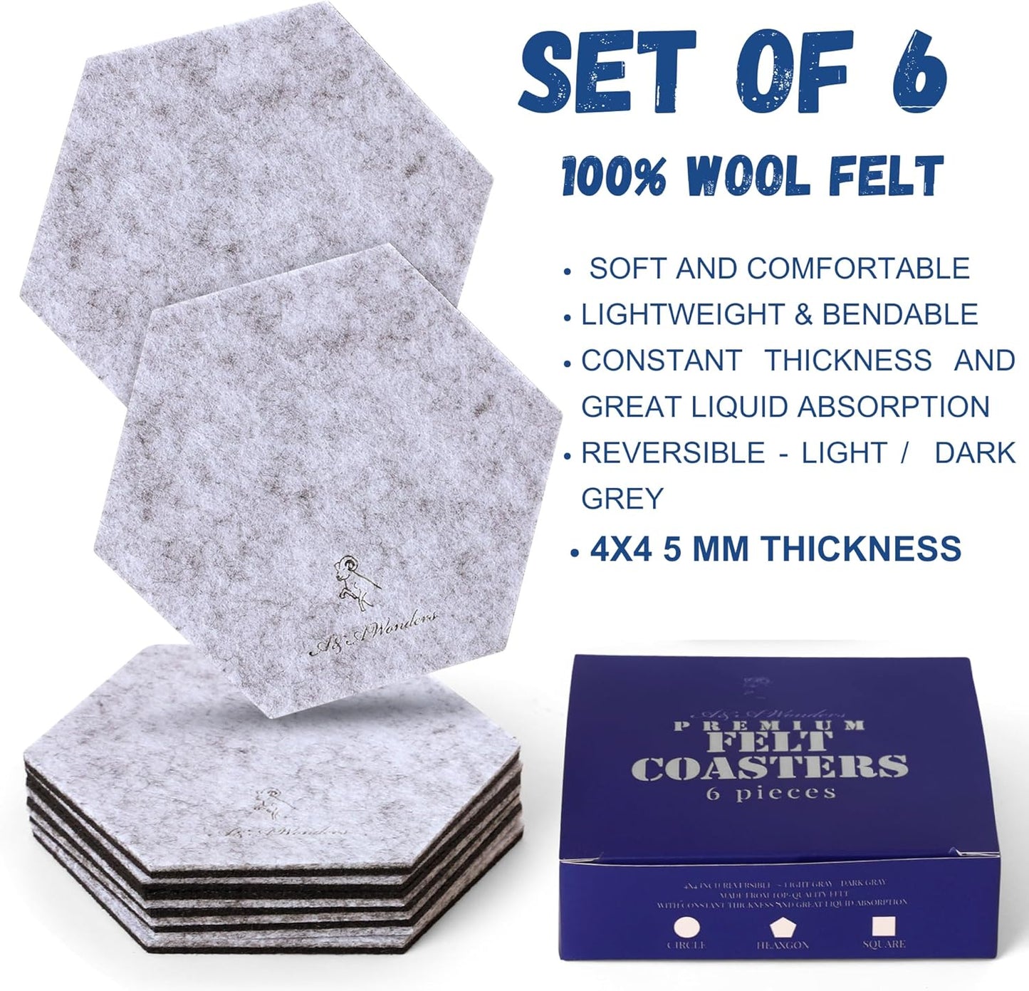 A&A Wonders Premium Felt Coasters for Drink, Two-Tone Reversible, Absorbent Felt Protects Furniture, Table, Anti Slip, Suitable for Drinks & All Table Types (Light Gray/Dark Gray, Hexagon 6 Pack)