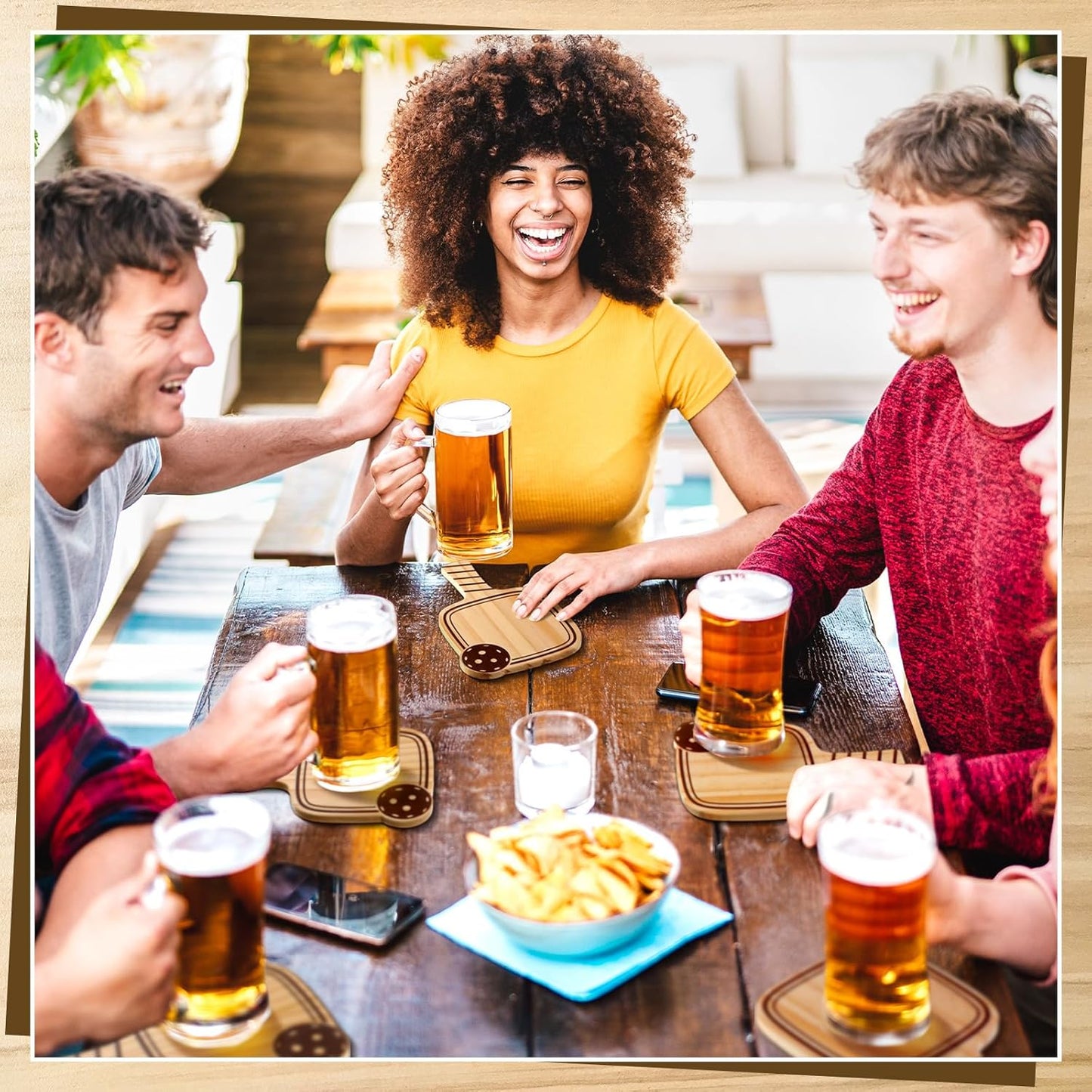 Hushee 12 Pcs Dinkball Drink Coasters Wood Coasters Set Paddle Shape with Handle Funny Gift for Women Men Sports Lovers Fans Party Favors Decorations (Wood)