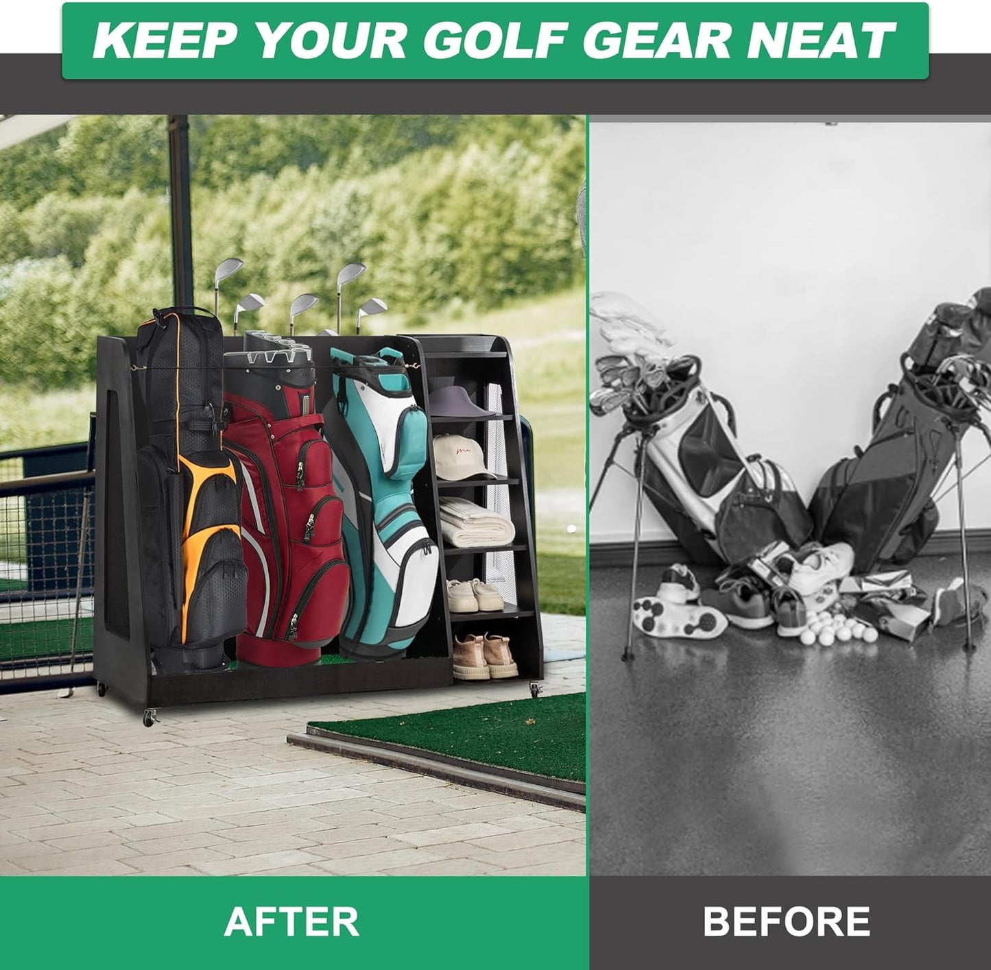 Wooden Golf Bag Organizer Garage Large Golf Bag Storage Rack Stand with Wheels Fits 3 Golf Bags, Golf Clubs and Other Golfing Equipment Accessories Golf Bag Holder for Garage, Club, Shed Basement