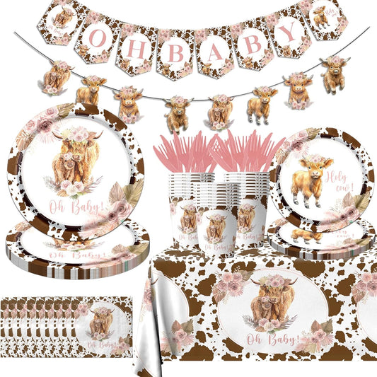 142Pcs Highland Cow Birthday Plates and Napkins,Highland Cow Baby Shower Decorations Western Theme Table Decorations for Baby Shower Party（20 Guests）