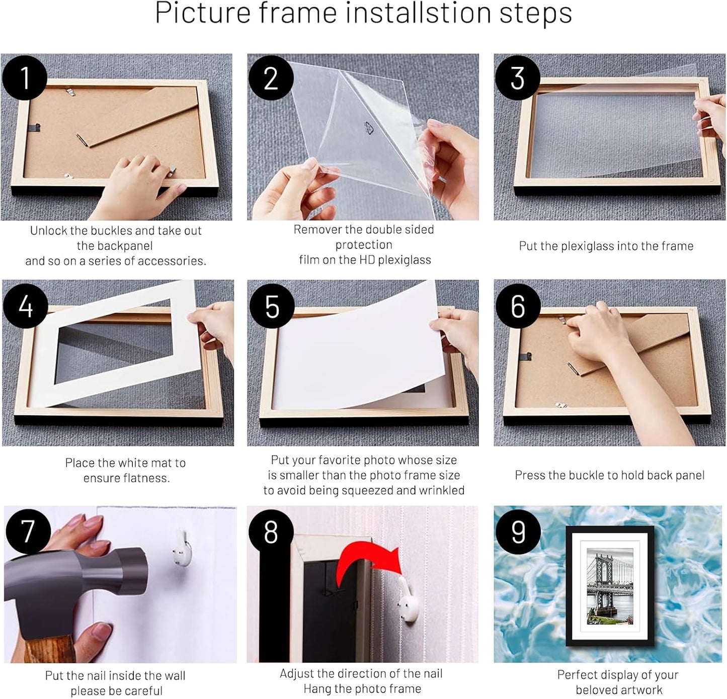 8x10 Solid Wood Picture Frames - 5x7 with Mat or 8x10 without Mat - Poster Photo Frame Art with Wall Mounting or Table Top (Black)