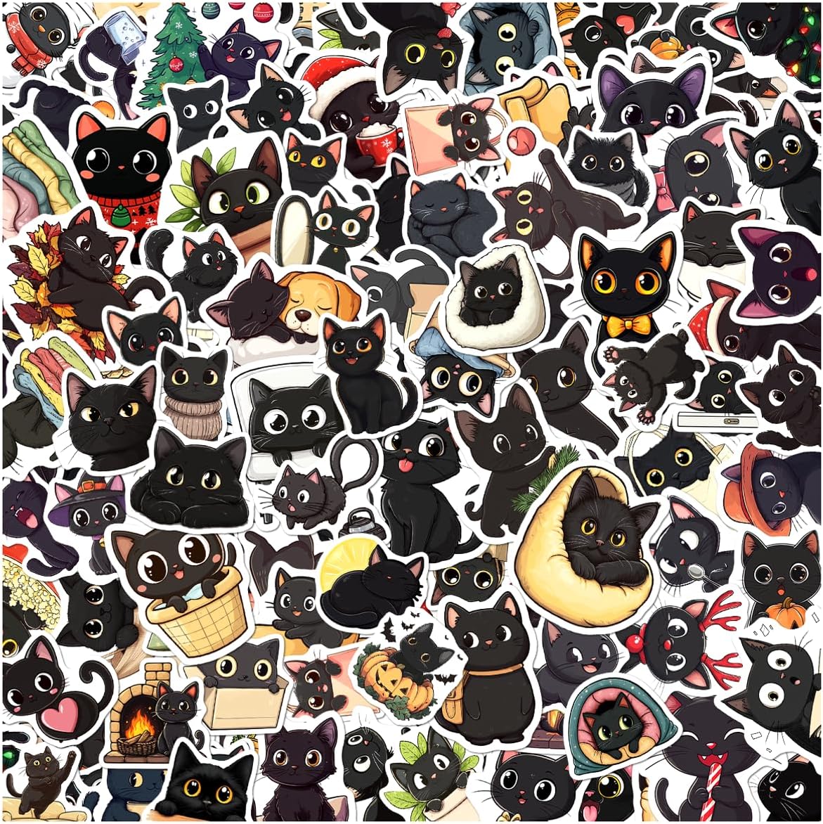 108Pcs Cute Black Cat Vinyl Sticker Pack Cartoon Aesthetic Stickers for Laptop Water Bottle Journal Scrapbook Waterproof Lover Decals Teens Kids Adults Gift