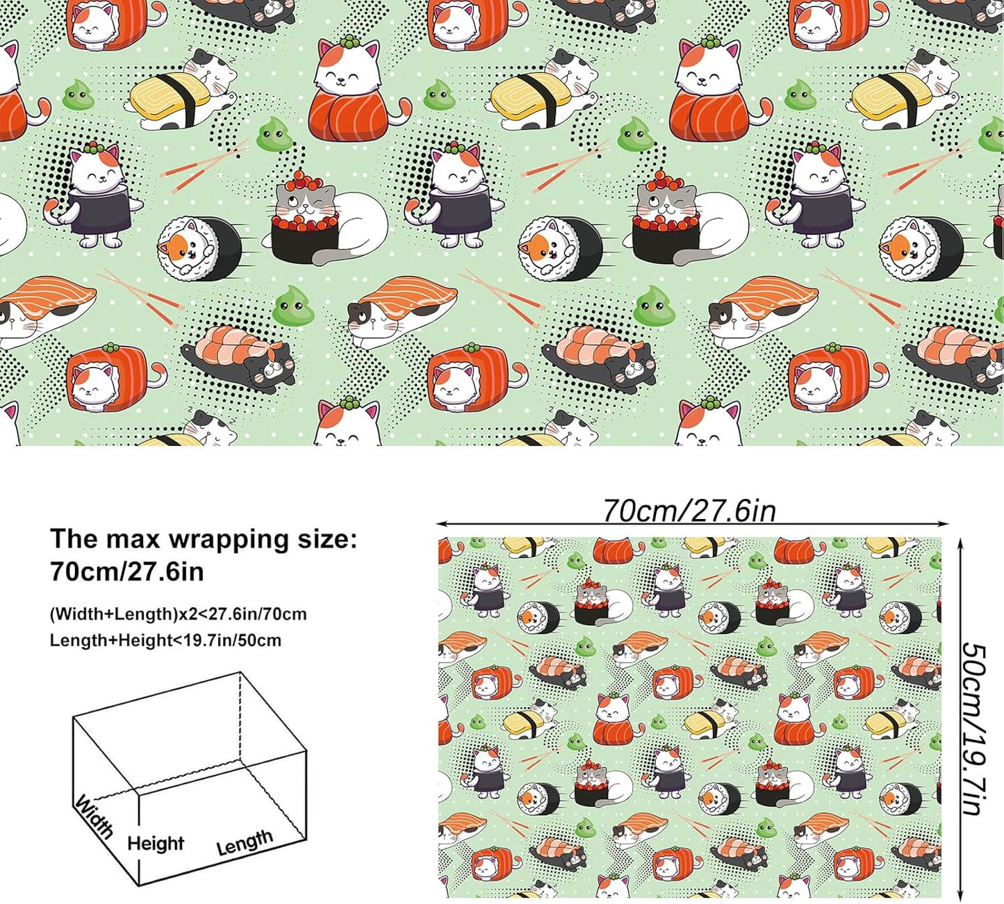 Vnaeem Kawaii Cat Wrapping Paper - Cute Sushi Cat - Japanese Gift Wrap for holiday birthday Pet Lovers - 20 X 28 Inches Per Sheet （6 Sheets)