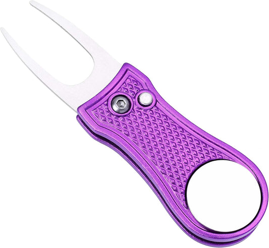 Mile High Life Golf Divot Repair Tool, All Metal Foldable Divot Tool with Pop-up Button & Magnetic Ball Marker