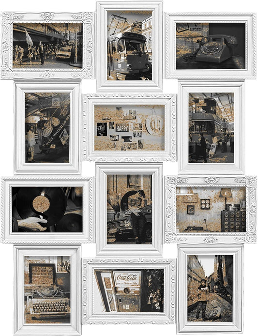 Jerry & Maggie 12 Opening Collage Photo Frame Rustic 23×18 Vintage Embossed Finish PVC Picture Frames Selfie Gallery Collage Wall Hanging For 6×4 Photo, White
