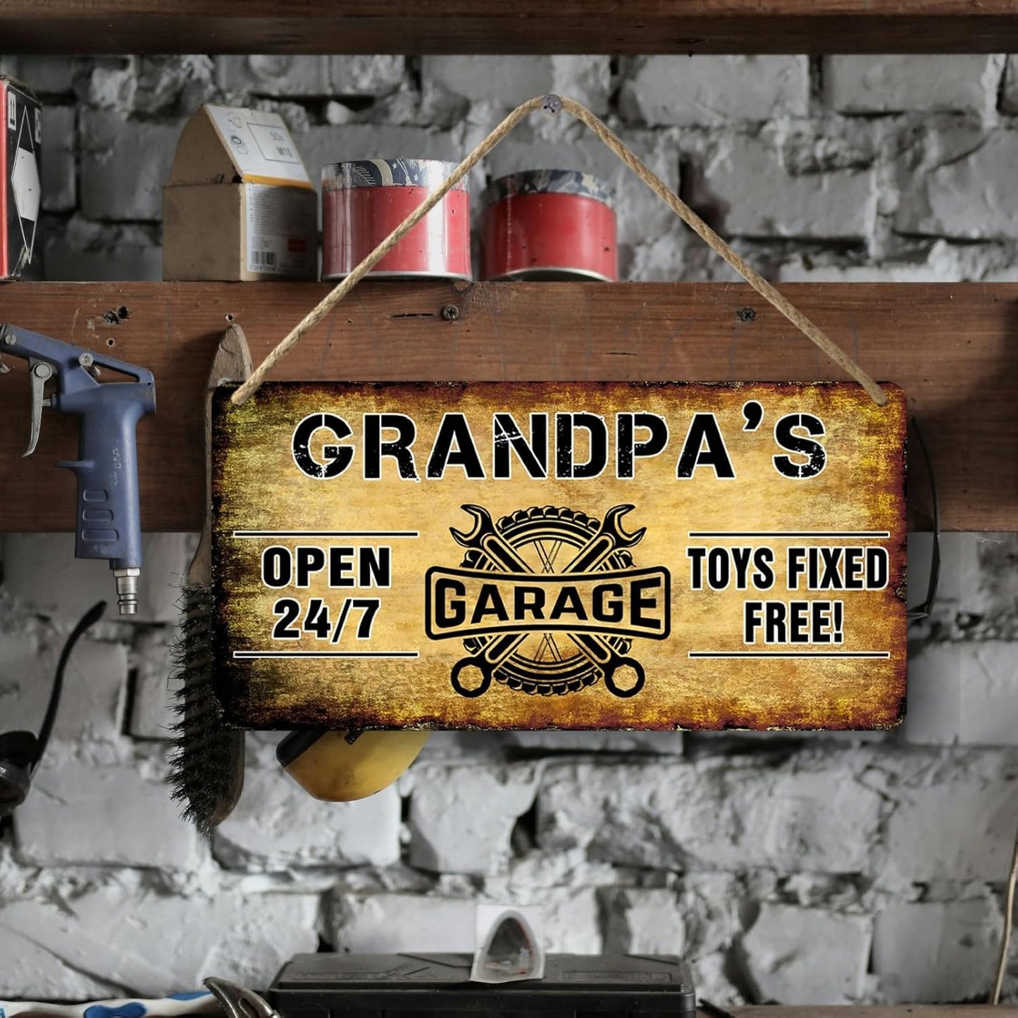 Grandpa's Garage Wooden Sign - Papa's Fix It Shop Vintage Mechanic Sign - Toys Fixed For Free - Woodworking Gift for Grandpa - 6x12 Inch
