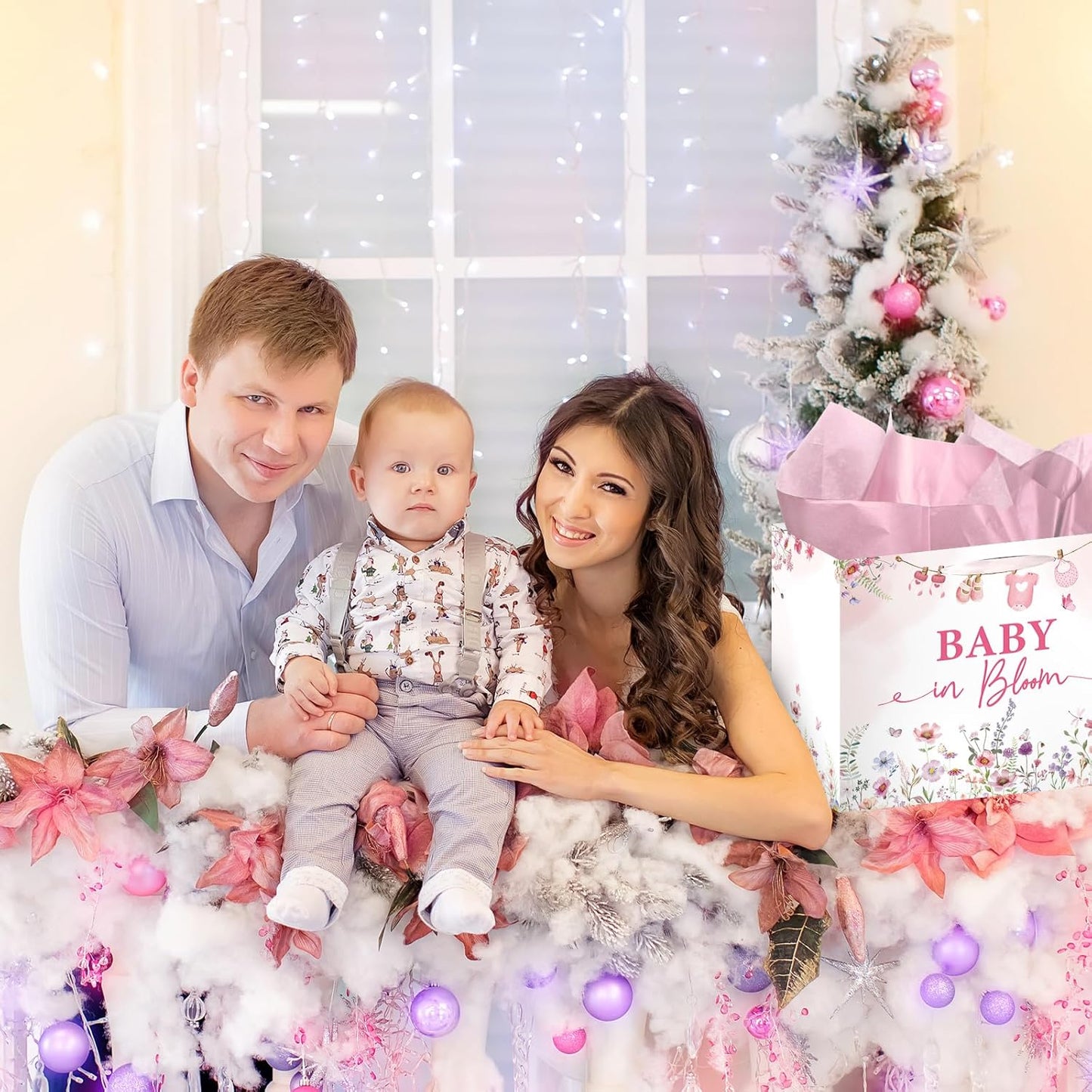 Luvsweets Baby in Bloom Gift Bag - Wildflower Gift Bag with Pink Wrapping Paper Greeting Card for Girl, Gender Reveal Party Decorations, Floral Baby Shower Decor Supplies