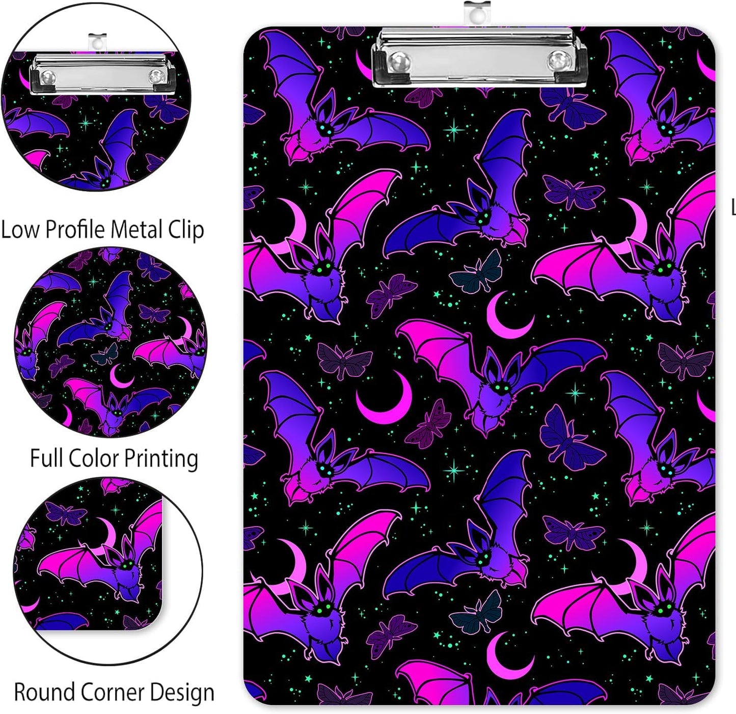 Fashion A4 Clipboard, Standard Letter Size 9" x 12.5", Decorative Wooden Clipboard with Low Profile Metal Clip for Office, School, Teachers, and Students, Purple Bat Gothic