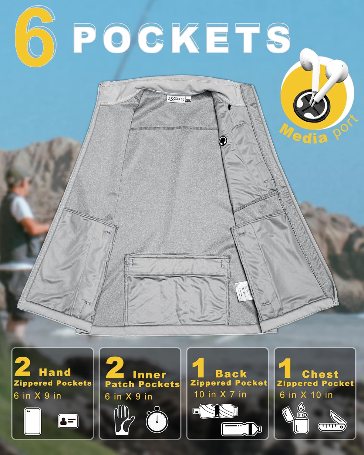 33,000ft Men's Windproof Lightweight Golf Vest Outerwear with Pockets, Softshell Sleeveless Jacket for Running Hiking Sports