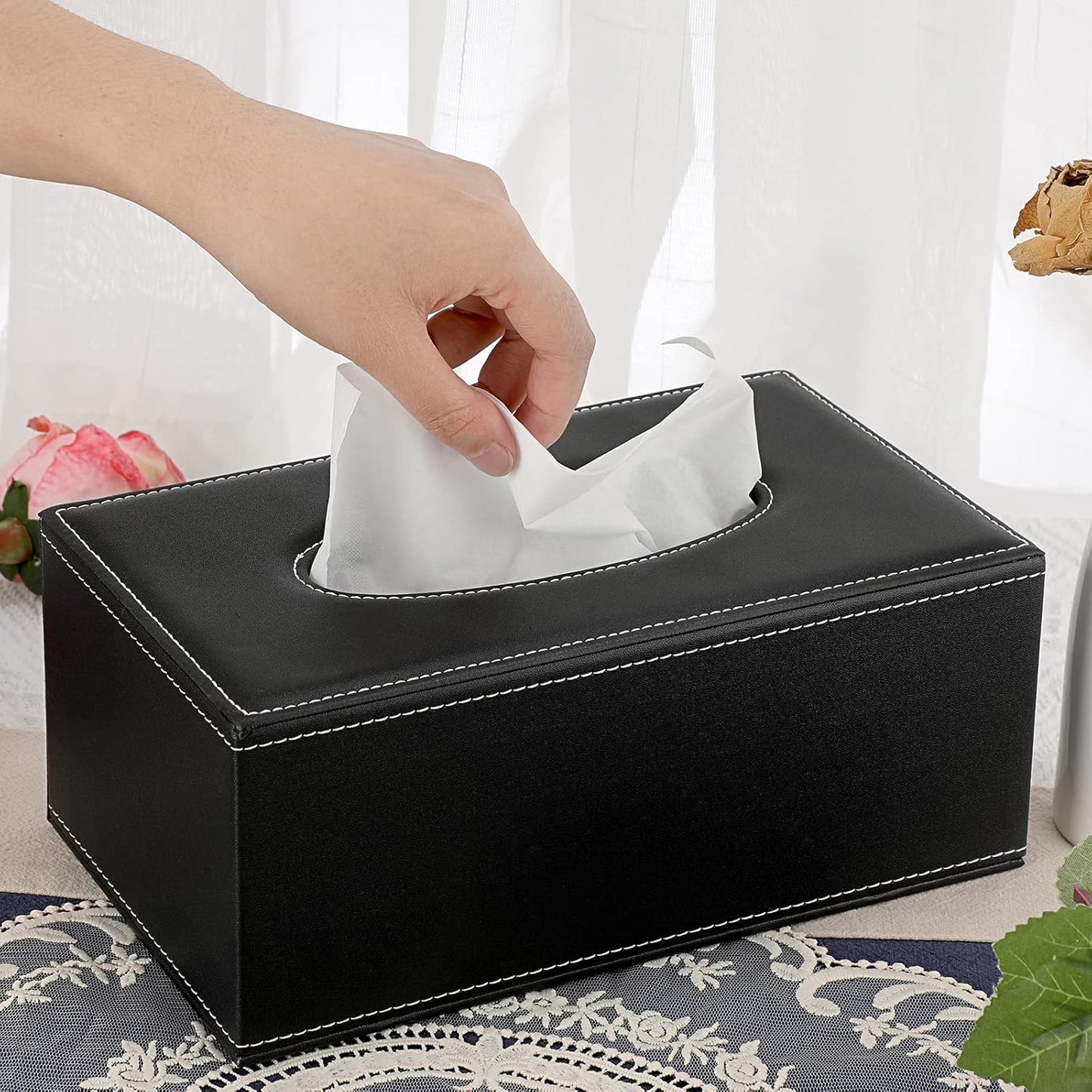 Sumnacon Tissue Box Cover Rectangle Leather Tissue Box Stylish Tissue Box Holder with Magnetic Bottom, Decorative PU Tissue Cover for Bathroom Living Room Bedroom Table Desk Home Office Car, Black