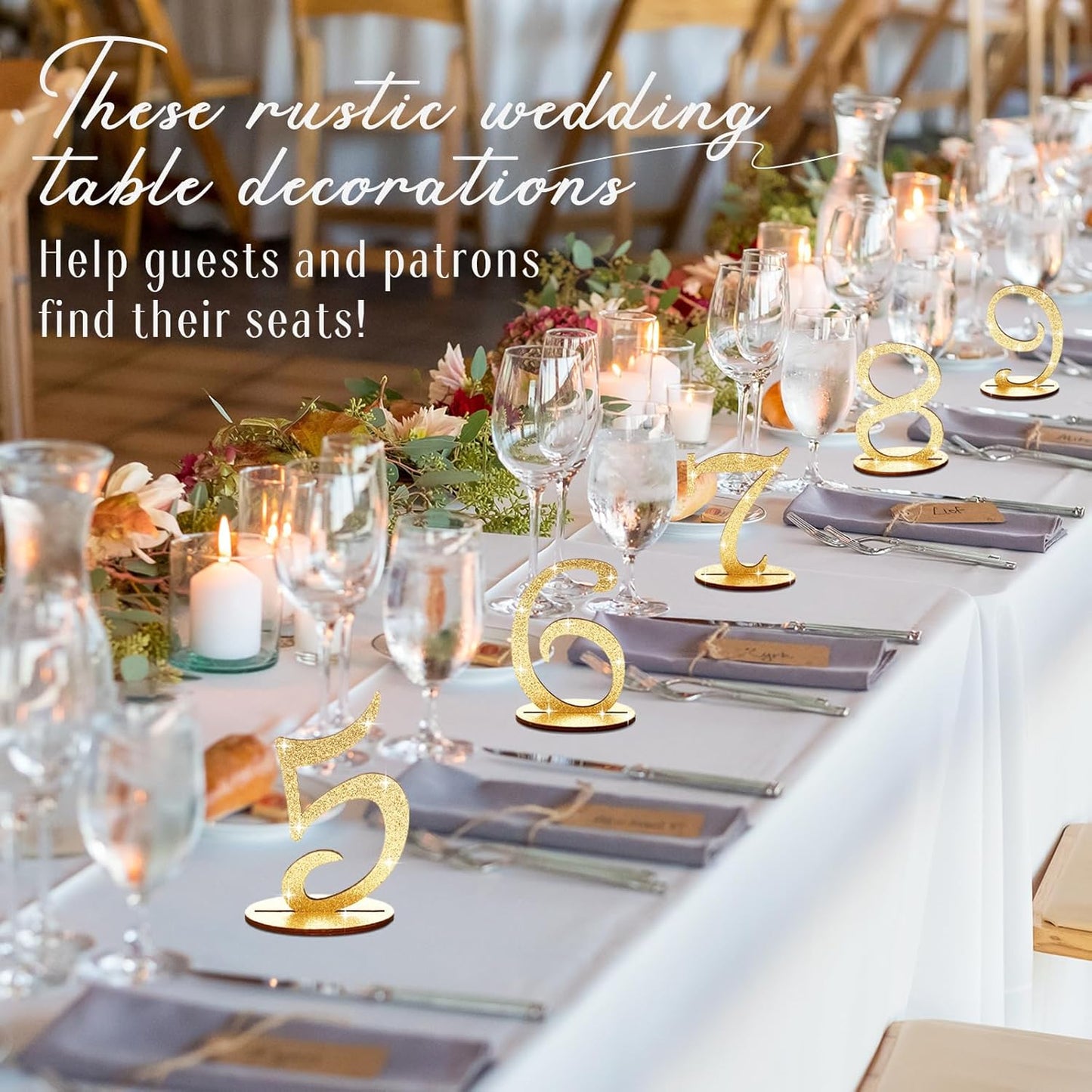 Glitter Table Numbers 1-25 Wooden Table Numbers for Wedding Reception Standing Seat Place Cards with Holder Base for Wedding Party Event Catering Receptions Banquets(Gold)