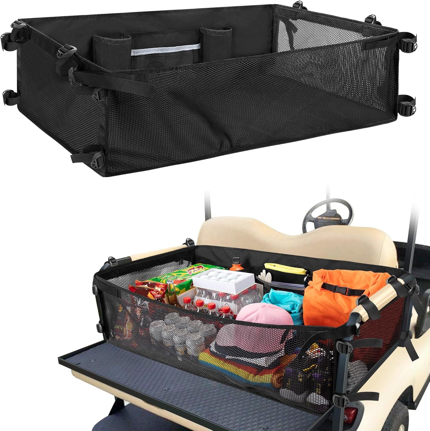 Golf Cart Cargo Mesh Organizer Compatible with Yamaha, Club Car, EZGO, Golf Cart Storage Net with Adjustable Buckle Strap
