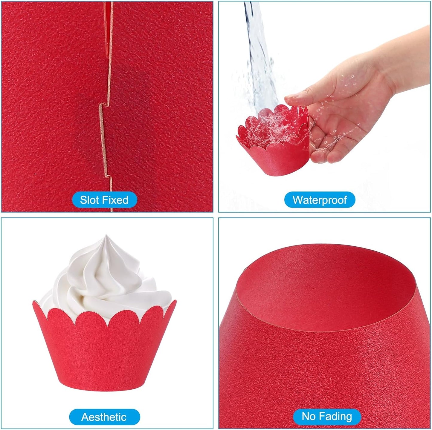 PATIKIL Cupcake Wrappers Paper, 50 Pack Baking Cups Standard Wave Decoration for Anniversary Birthday Weddings Parties, Red