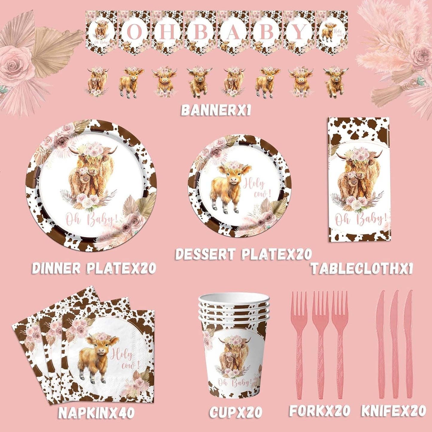 142Pcs Highland Cow Birthday Plates and Napkins,Highland Cow Baby Shower Decorations Western Theme Table Decorations for Baby Shower Party（20 Guests）