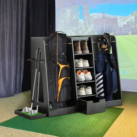 Wooden Golf Bag Organizer and Storage Rack, Wooden 2 Golf Bag Rack with Drawers, Easy to Assemble Golf Club Holder/Stand with Club Holders on Side