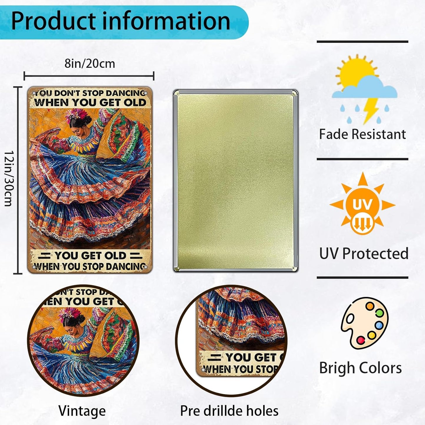 Vintage Tin Metal Poster Sign Mexican Dancing You Don't Stop Dancing When You Get Old Retro Wall Art Decor Iron Painting for Home Kitchen Cafe Pub 8x12 Inch