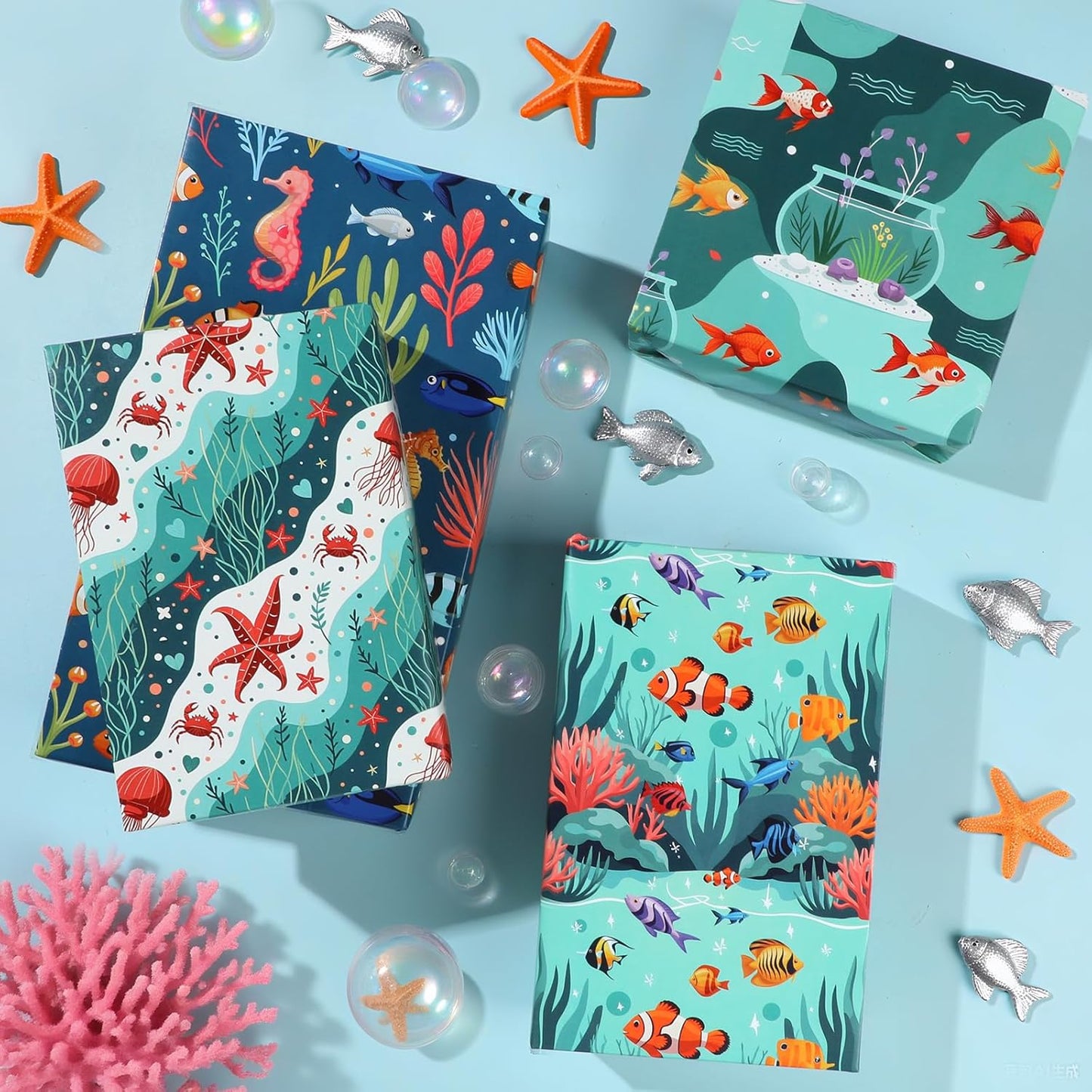 Pineraap Ocean Wrapping Paper 12 Sheets Under the Sea Gift Wrap for Ocean Lovers,Beach Parties,Marine Enthusiasts,20"×28"