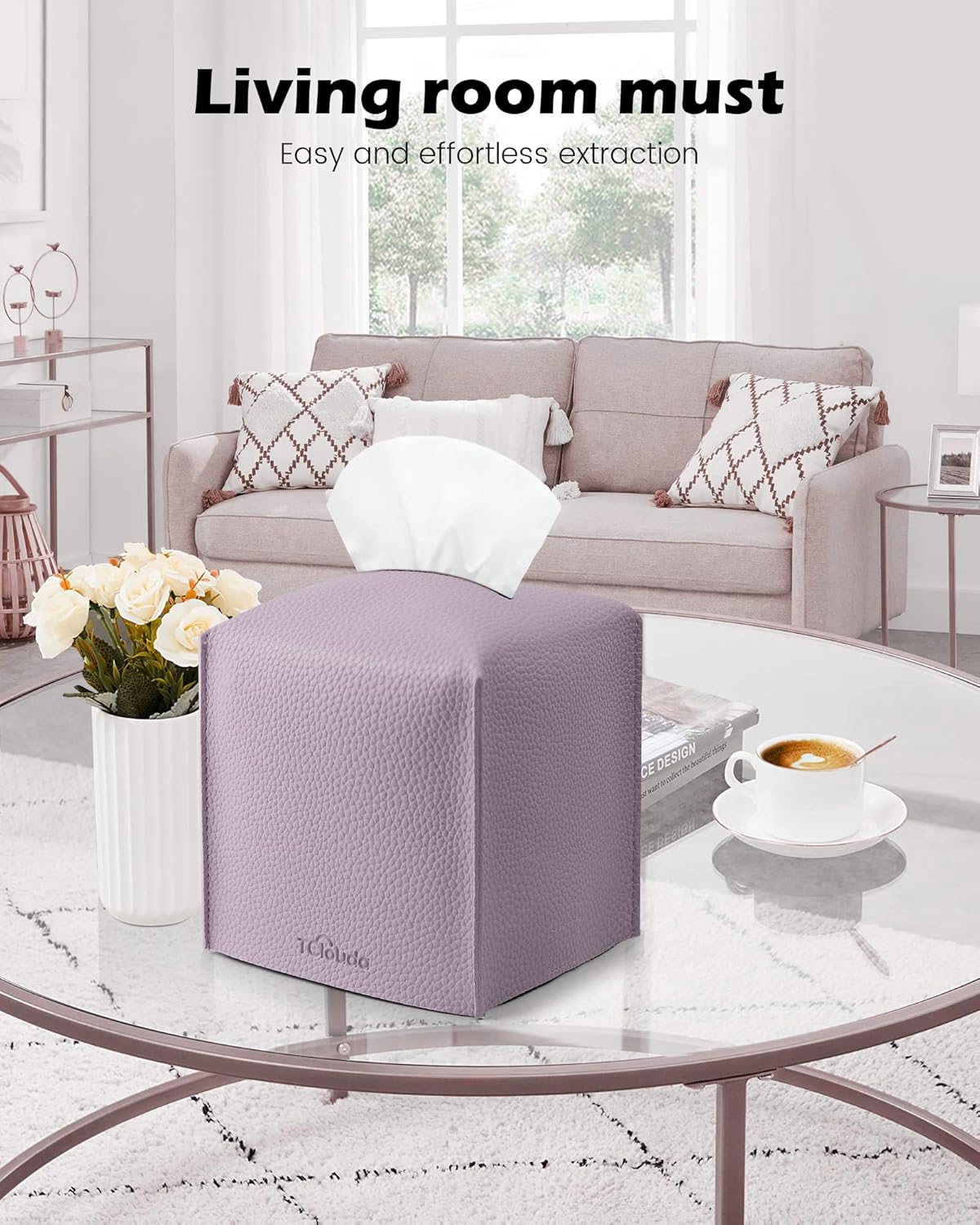 Tissue Box Cover for PU Leather, Modern Simple Solid Color Holder Square Tissue Bag, Ideal for Bathrooms,Office,Car,Nightstand,Outdoor Tent,Dining Table,5"X5"X5", Double Purple