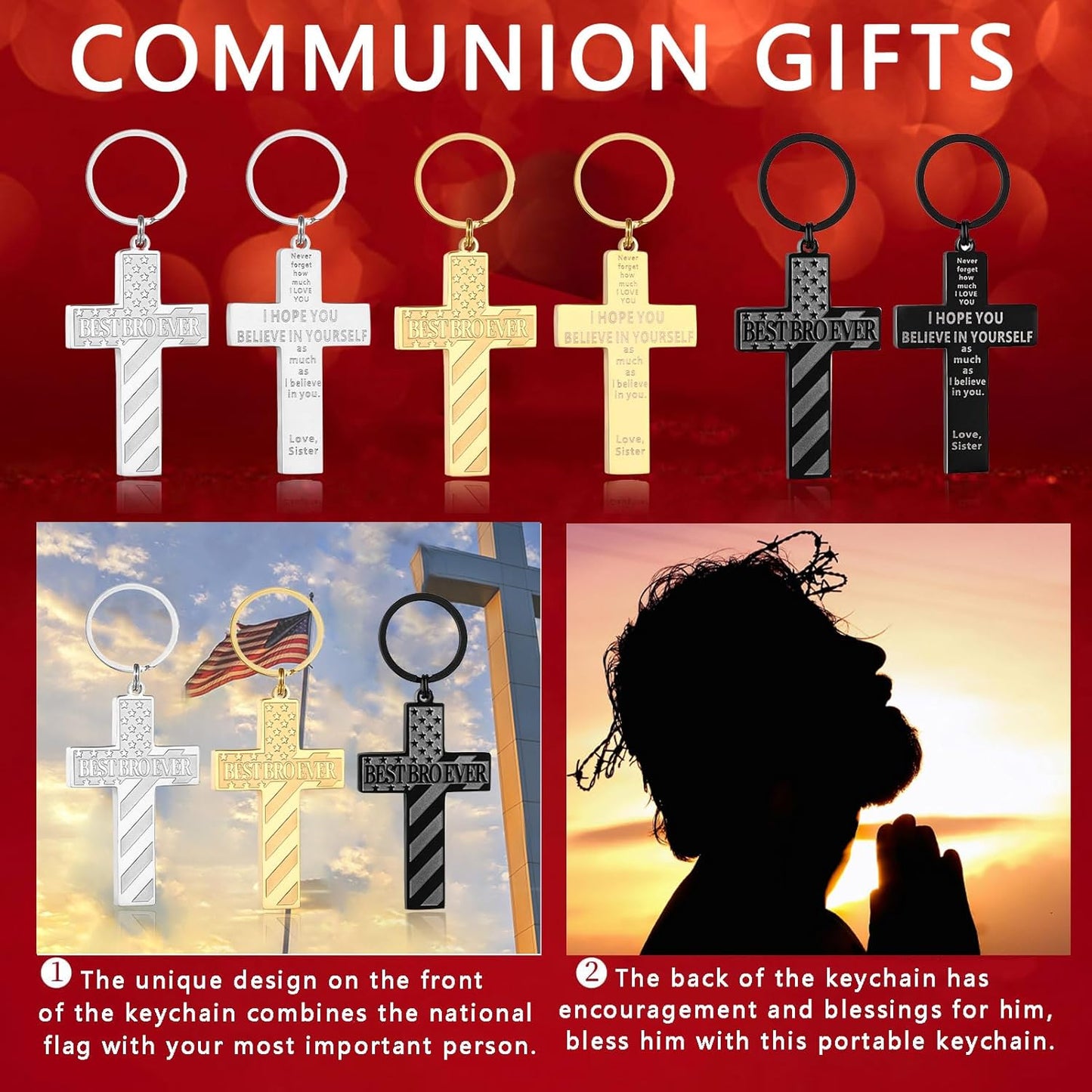 Football/Baseball/Soccer/Basketball Cross Keychains for Men First Communion Baptism Confirmation,Mens Gifts