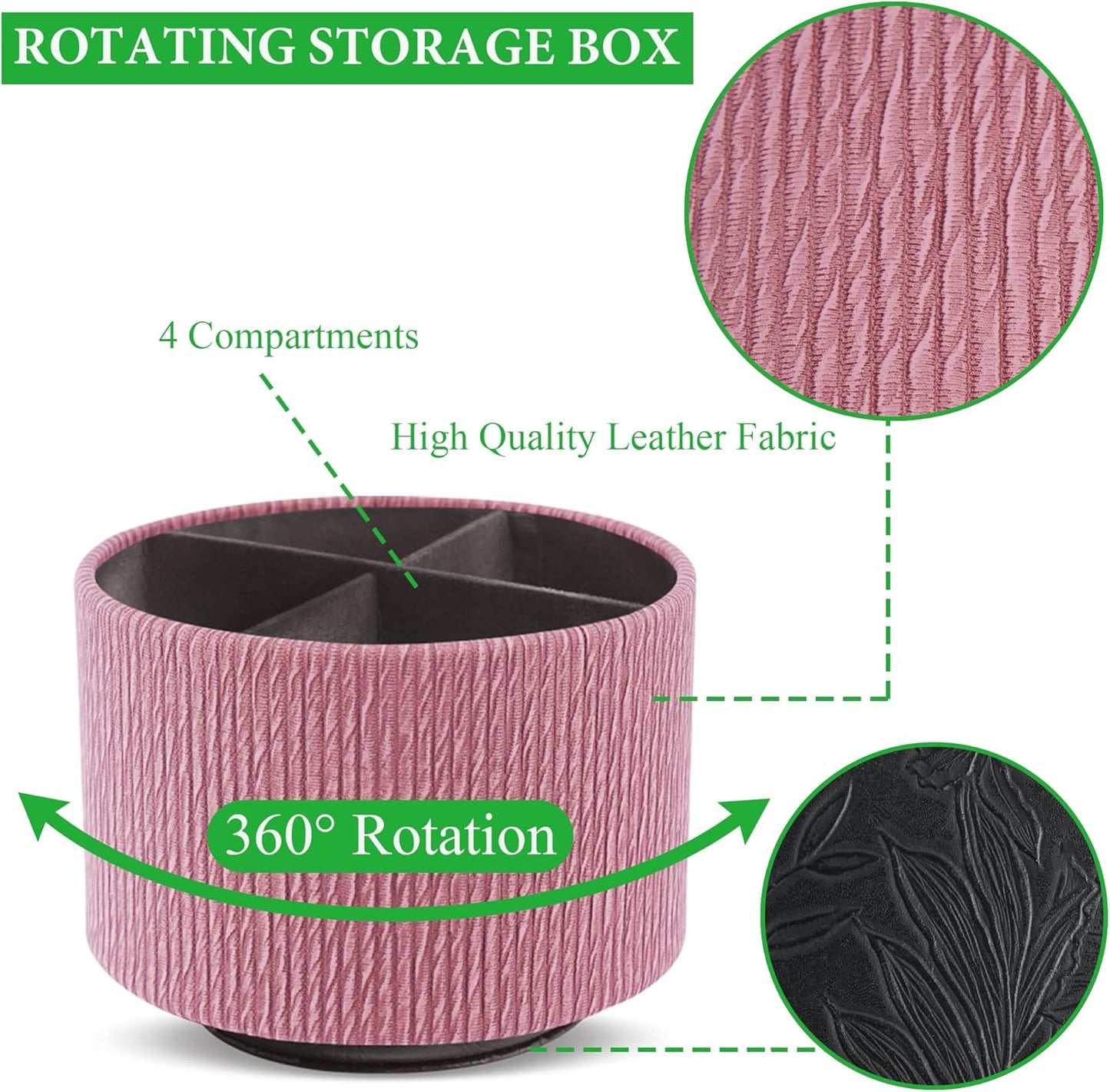 Hennaja Round Leather Art Supply Organizer,Remote Control Holder,360 Degree Spinning,Multi-Functional Pencil Holder,4 Compartments Desktop Stationary Organizer(1-Wood Pink)