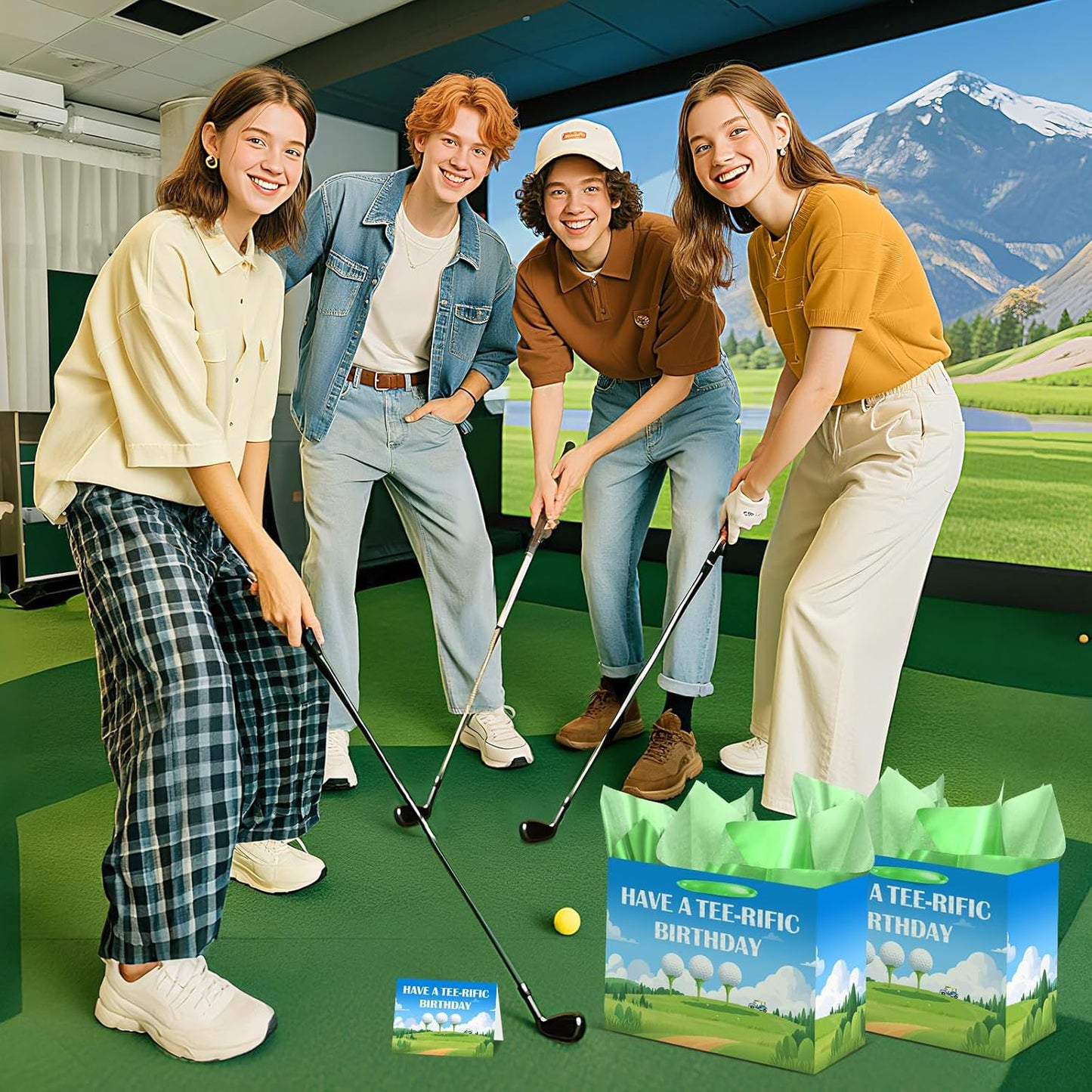 bigniuzi Golf Birthday Gift Bag with Tissue Paper for Men Boy Golf Wrapping Paper and Greeting Card Sports Party Favor Treat Bag for Party Supplies