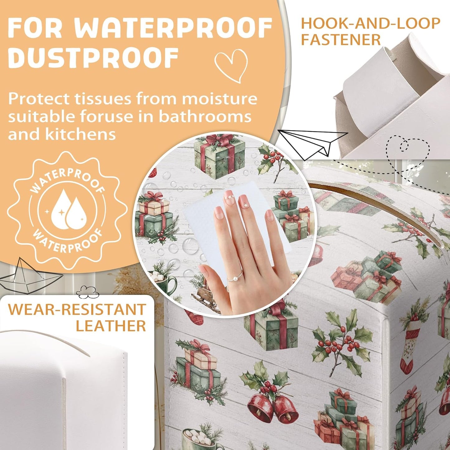 Merry Christmas Tissue Box Holder, Bow Leather Tissue Box Cover Square, Paper Facial Decorative Tissues Cover for Night Stands Bathroom Kitchen Office Home Decor-B32