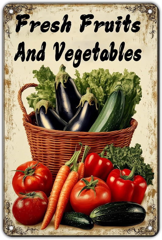 Fresh Fruits and Vegetables Tin Sign Funny Vegetables Farm Plaque Retro Home Kitchen Wall Decor 8x12 Inch