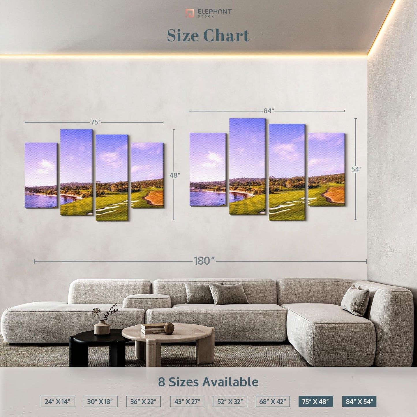 Elephant Stock Coastline Green Golf Course Wall Art - Horizontal Canvas - 4-Piece Living Room Wall Decor - Photography Sports Canvas Print - Blue and Gray Decor for Wall - 84" X 54"