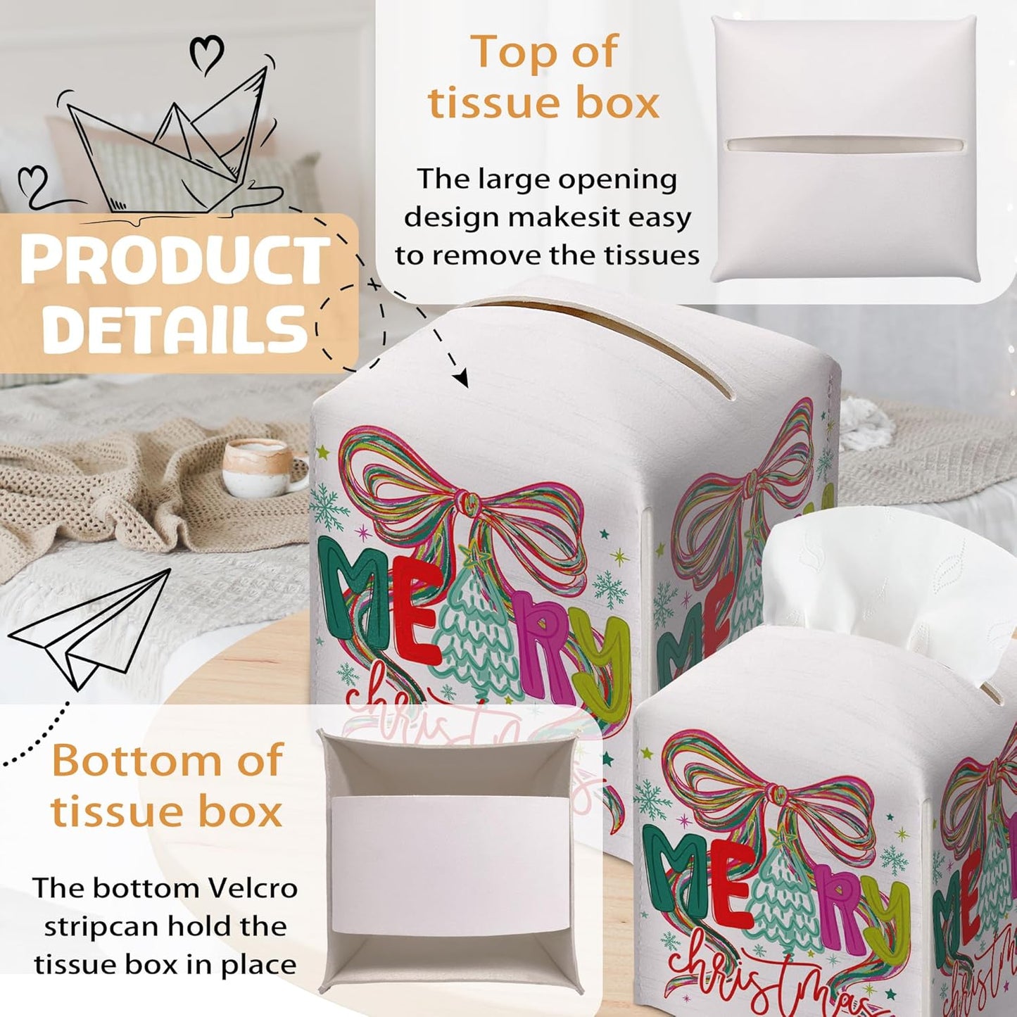 Merry Christmas Tissue Box Holder, Bow Christmas Tree Leather Tissue Box Cover Square, Paper Facial Decorative Tissues Cover for Night Stands Bathroom Kitchen Office Home Decor-B28