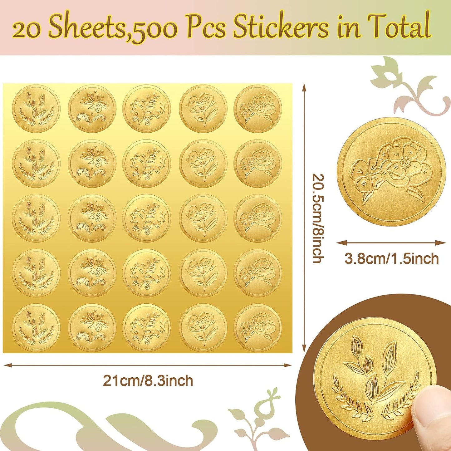 Chinco 500 Pieces Gold Embossed Envelope Seals Stickers Adhesive Seal Stickers Vintage Embossed Foil Certificate Kit Plant DIY Labels for Wedding Invitations Envelopes, 5 Patterns(Flower Style)