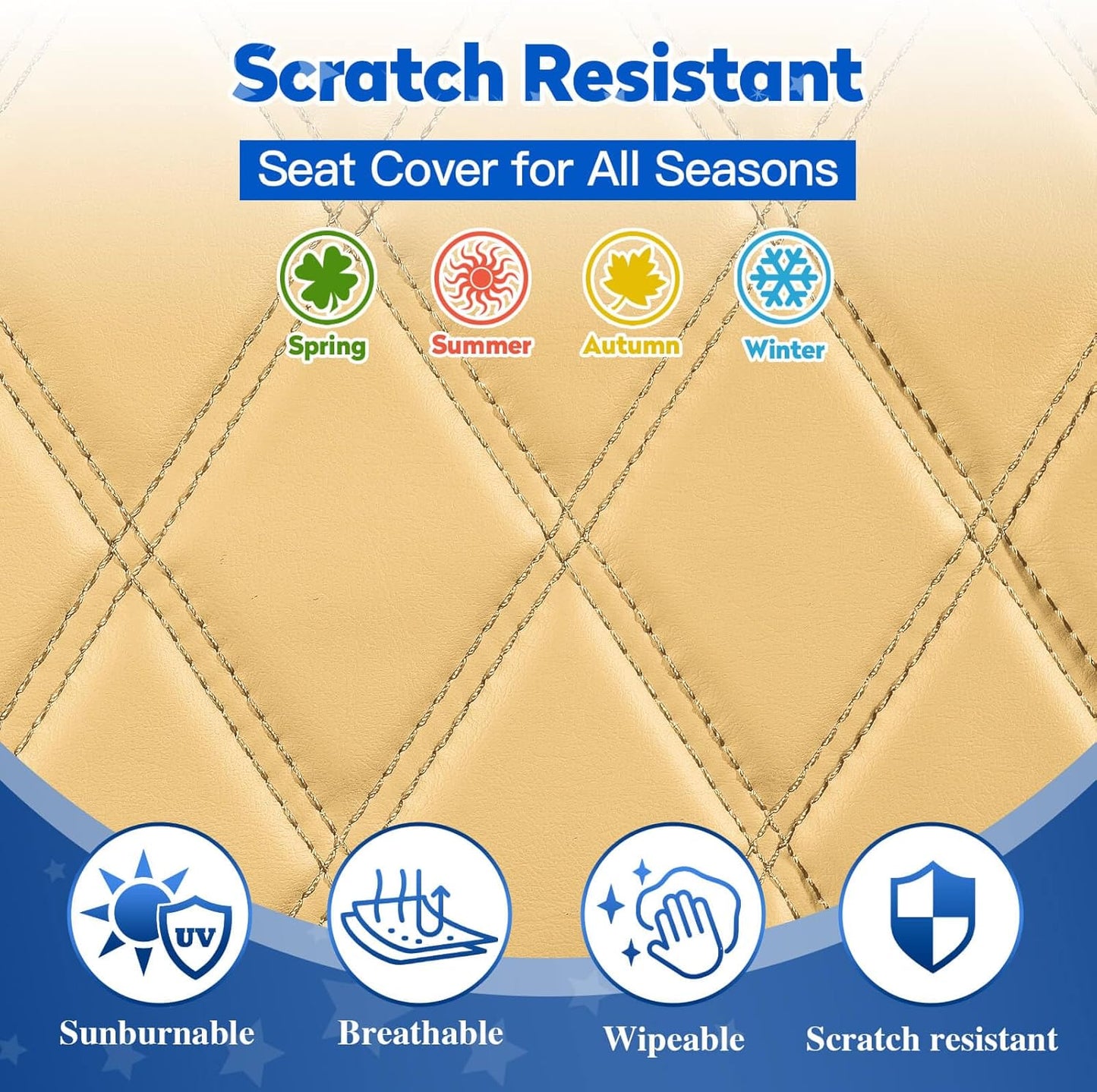 NOKINS 4PCS Golf Cart Diamond Seat Covers Kit, Front&Rear Seat Covers Fits EZGO TXT 1994-2013/EZGO RXV Standard Seat Cushion, EZGO Vinyl Seat Cover Accessories, No Staples (Tan)