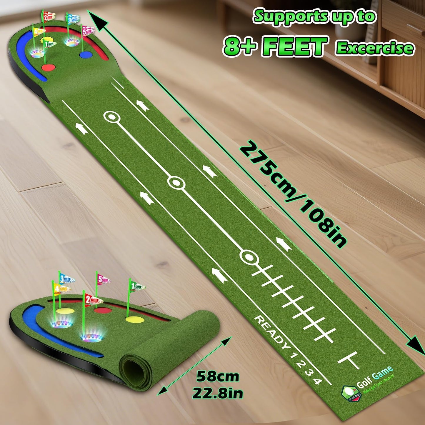 Kids Toy Golf Mat Set, Golf Putting Mat with Light up Holes, Glowing Golf Balls, Putting Green with 2 Clubs, Toy Golf Set,Golfing Mats Indoor Outdoor,Sport Game for Kids Family
