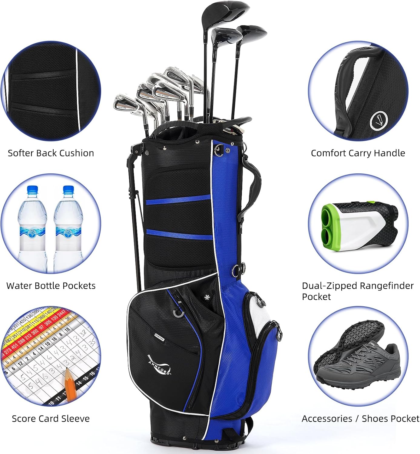 Golf Stand Bag 14 Way Top Dividers Full-Length with Stand, 8 Pockets, Cooler Pouch, Waterproof Golf Bag for Men, Dual Strap, Rain Hood