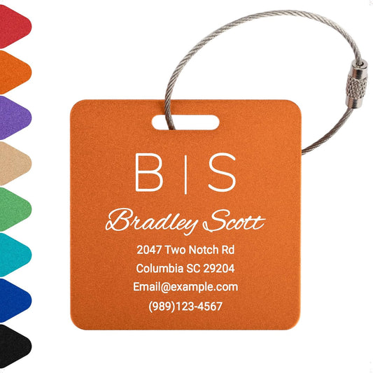 Personalized Luggage Tags for Suitcases Custom Metal Name Tags for Backpacks Bags Travel - Square (Orange)