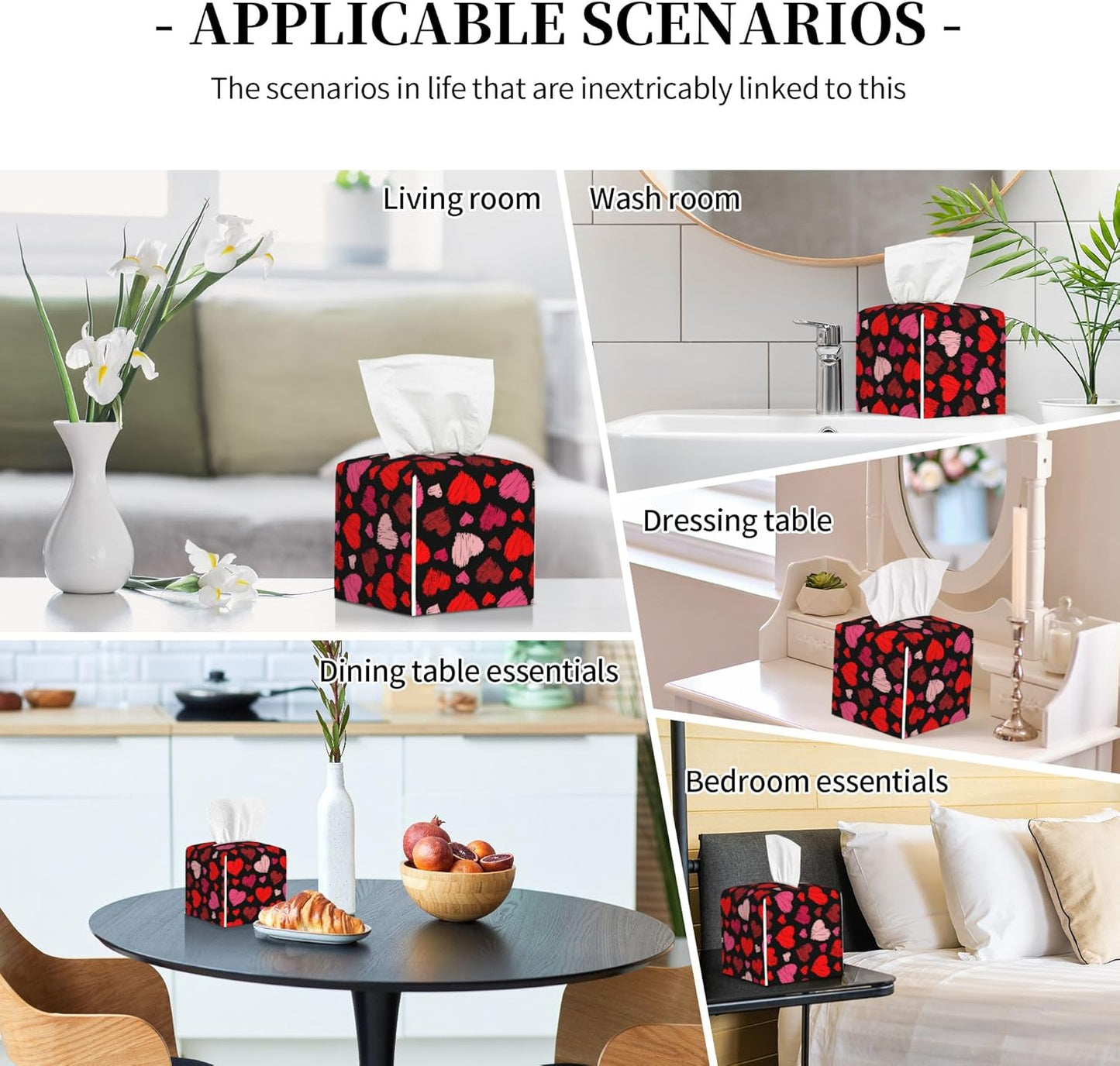 Tissue Box Cover, Colorful Hearts Pu Leather Square Tissue Box Cover Case Organizer Cube Box Holder for Bathroom Vanity Countertop, Night Stands, Office Desk & Car 5.2X5.2X5.2''