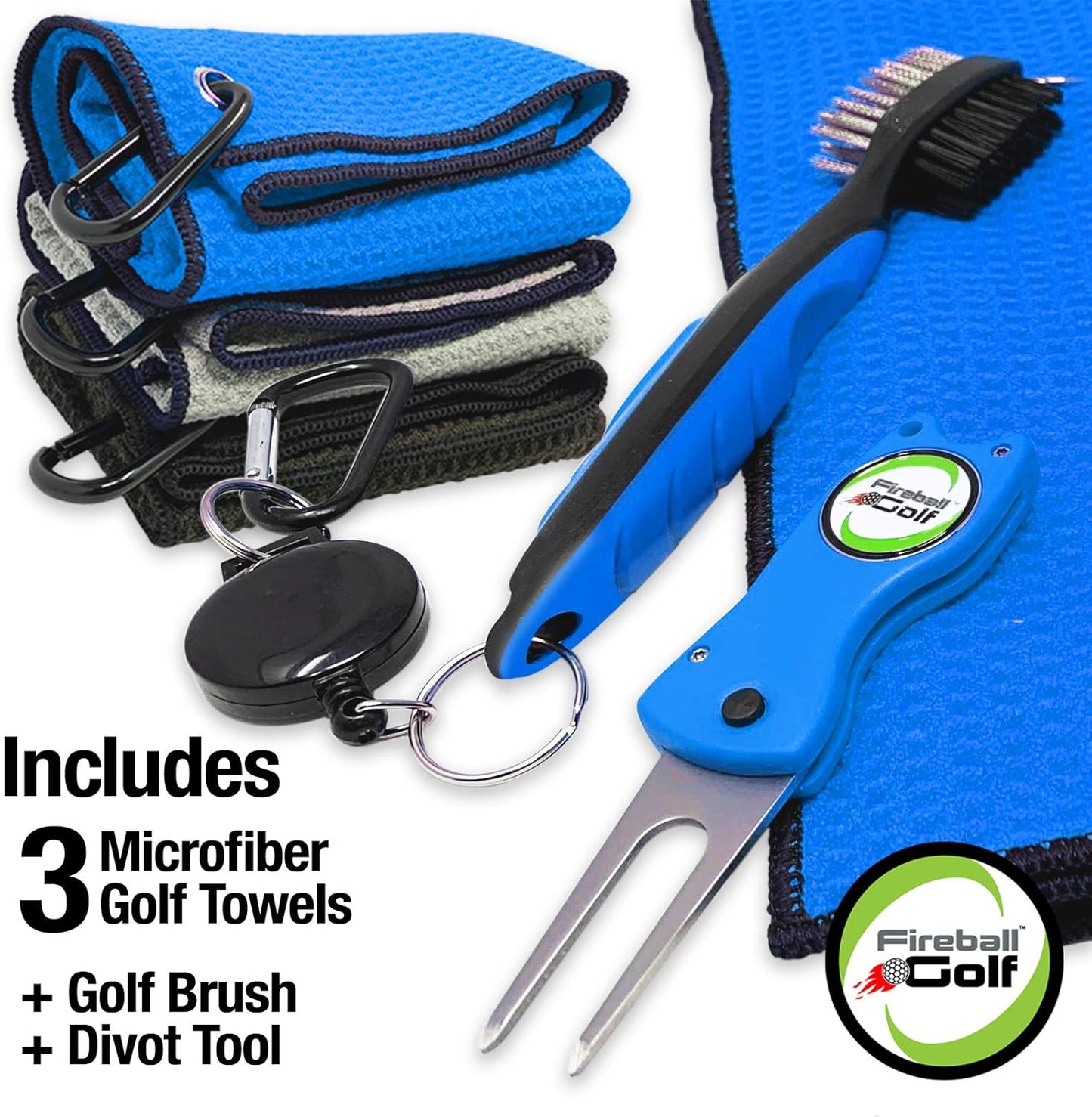 Towel Gifts and Accessories Set (Many Colors) - 3 Golf Towels, Golf Divot Tool, Ball Marker, and Golf Cleaning Brush, Golf Gifts for Men, Women, Children