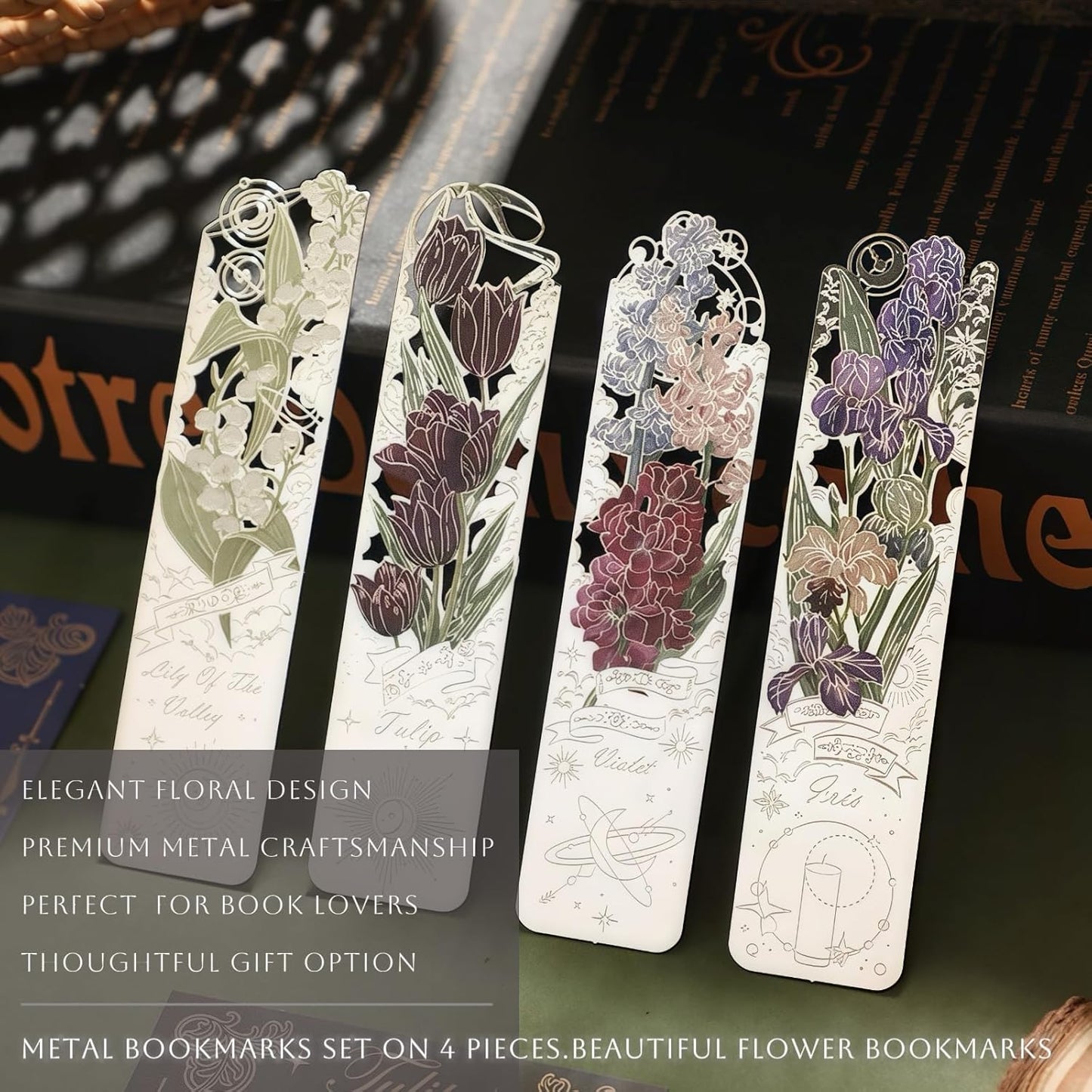 Metal Bookmarks Set on 4 Pieces. Pretty & Beautiful Flower Bookmarks for Women, Female, Mother - Tulip, Violet, Lily, Oriole, Gift Packing