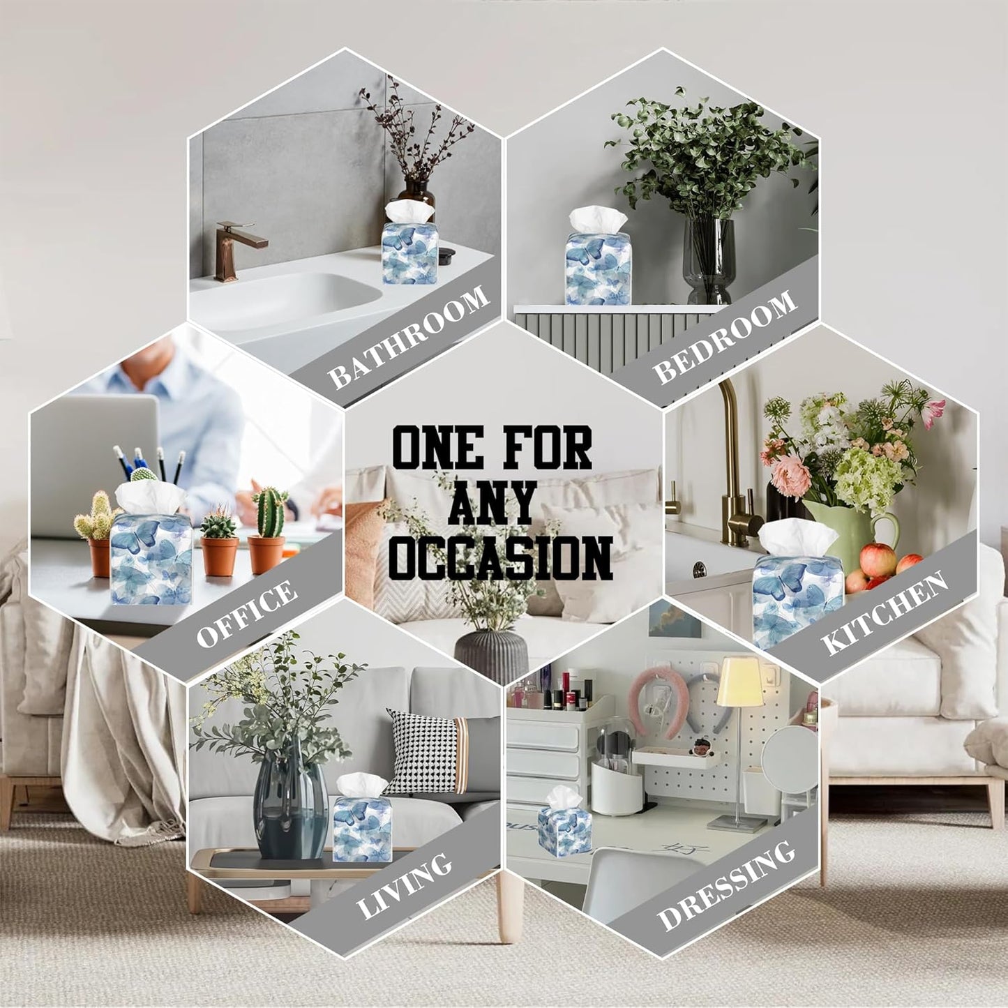 Abstract Blue Butterflies Tissue Box Cover Square, Tissue Box Holder Leather Facial Paper Case Decorative Organizer Holder Dispenser Home Office Car Decor