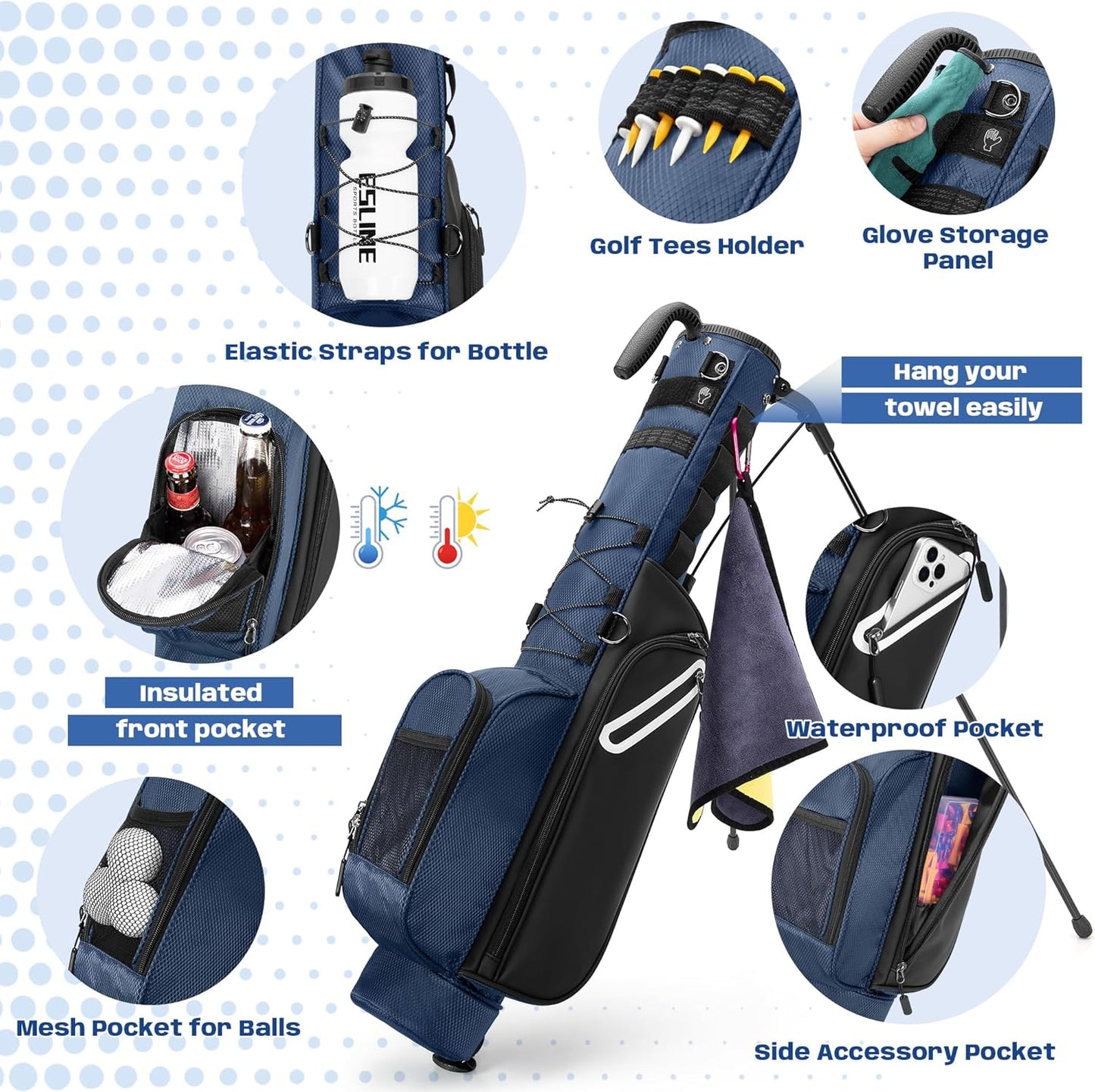 Golf Stand Bag Fit Up to 7 Clubs, Compact Design for Par 3 Courses and Driving Range, Lightweight Pitch and Putt Golf Bag, with Padded Double Strap, Rain Cover, Accessory Pockets