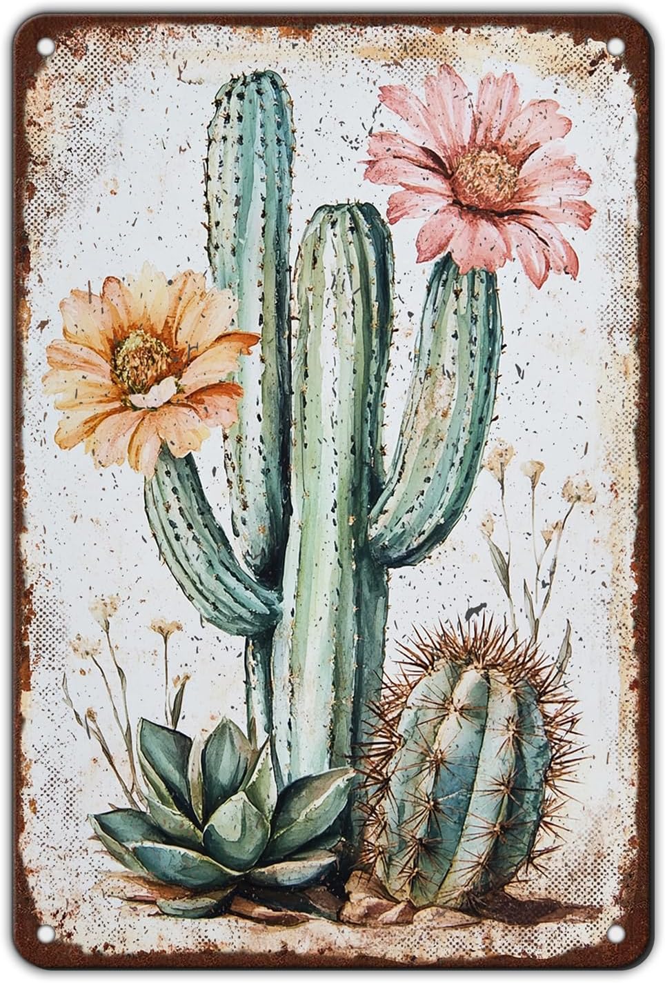 Bouquet Square Vintage Tin Sign Cactus Wall Art Cacti Art Wall Sign Decor for Home Kitchen Garage Outdoor Yard Farmhouse 8x12 Inch