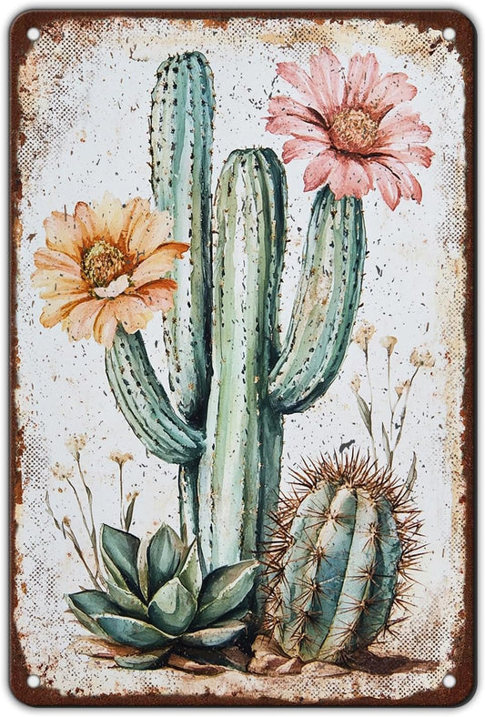 Bouquet Square Vintage Tin Sign Cactus Wall Art Cacti Art Wall Sign Decor for Home Kitchen Garage Outdoor Yard Farmhouse 8x12 Inch