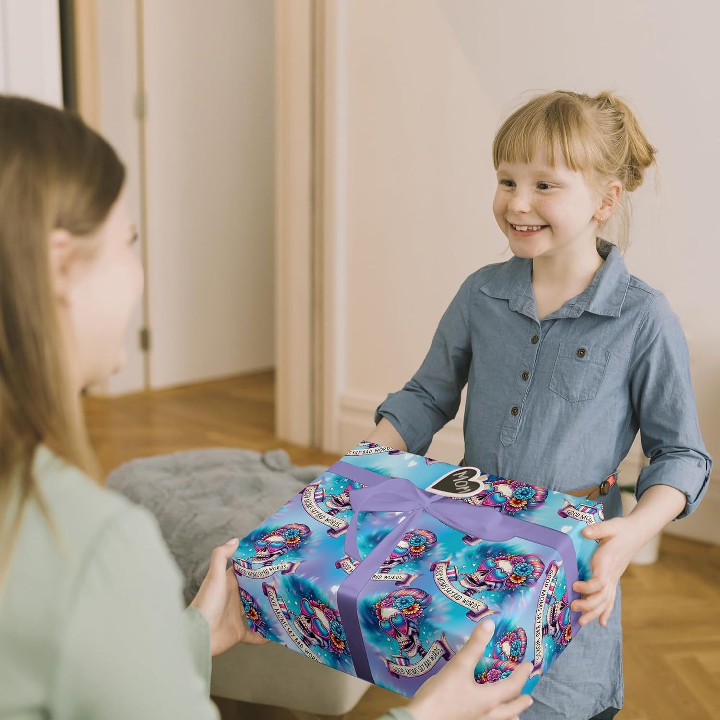 Vnaaem Halloween Wrapping Paper for Mom Women - 6 Pcs Blue & Purple Gothic Skull Skeleton Design Funny Gift Wrap for Halloween Wedding Birtday Christmas Nightmare Holidays - 19.6 X27.8Inch