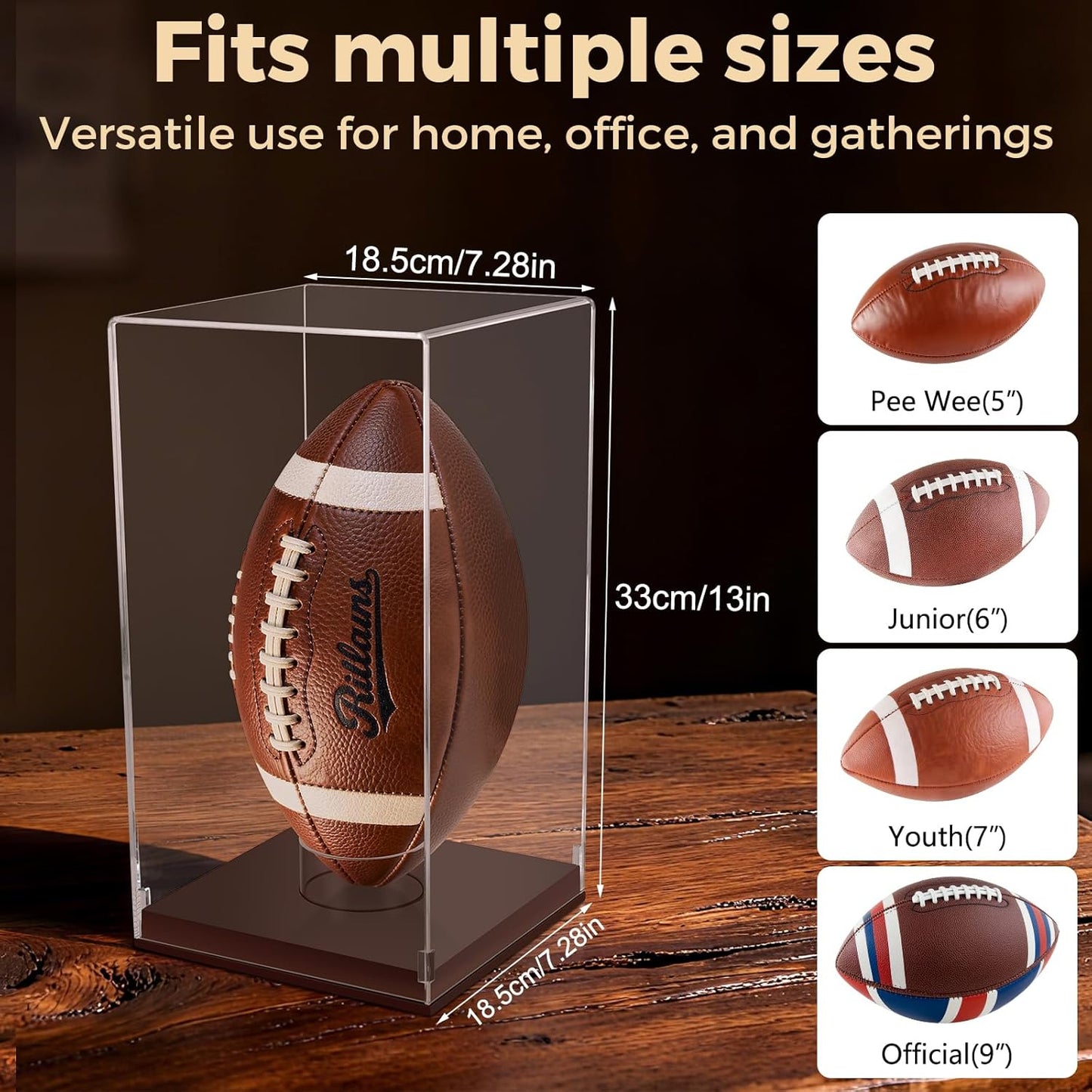 Football Display Case with Wooden Base, UV Protection Clear Acrylic Souvenir Display Box for Autographed Football, Memorabilia, Sports Collectibles, Vertical Brown