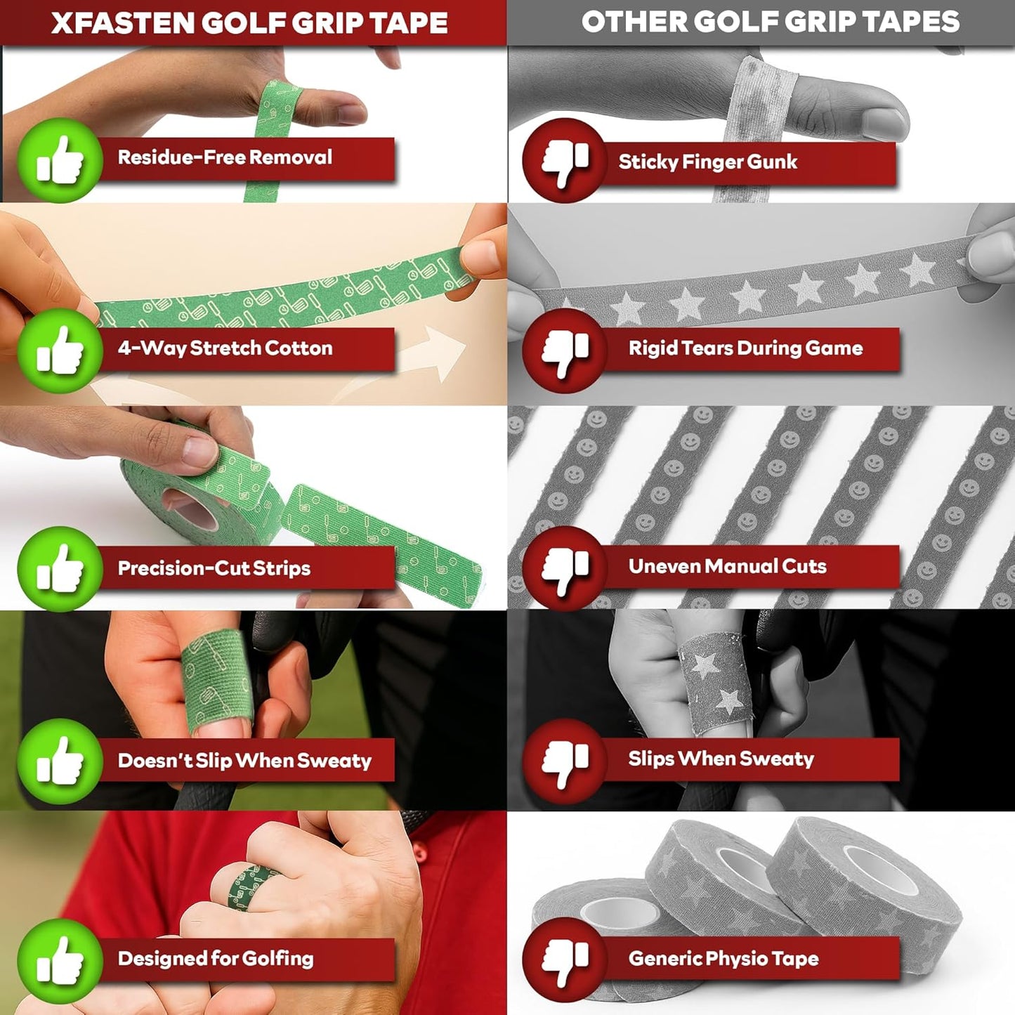 XFasten Golf Tape for Fingers Precut Strips - Waterproof Golf Finger Tape Grip, Athletic Blister Protection Sports Wrap Strips, 4-Way Stretch, Soft-Edged, Sweatproof, and Residue-Free